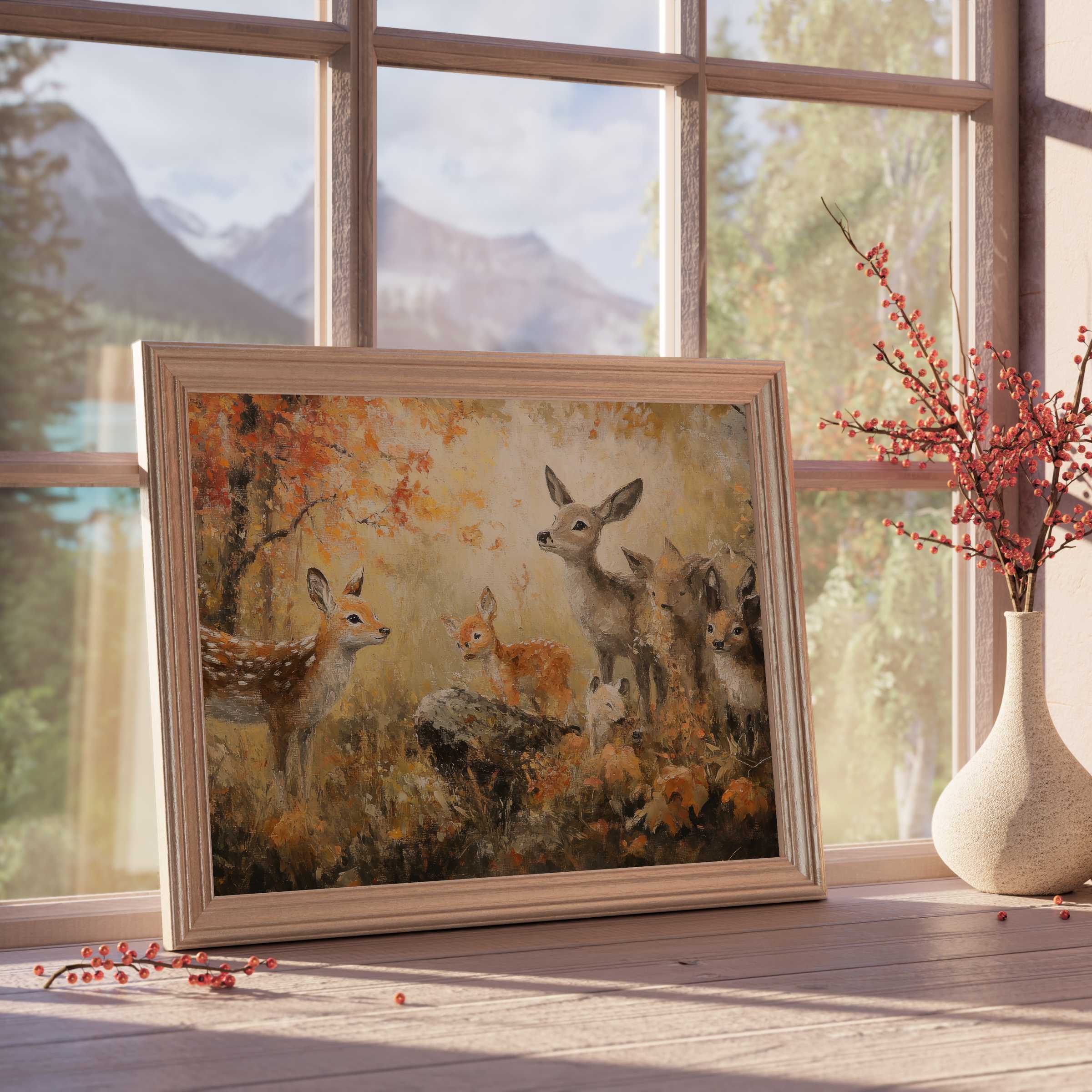 Warm, tranquil fall downloadable art featuring gentle deer amid golden autumn foliage, perfect for curated, elegant interiors