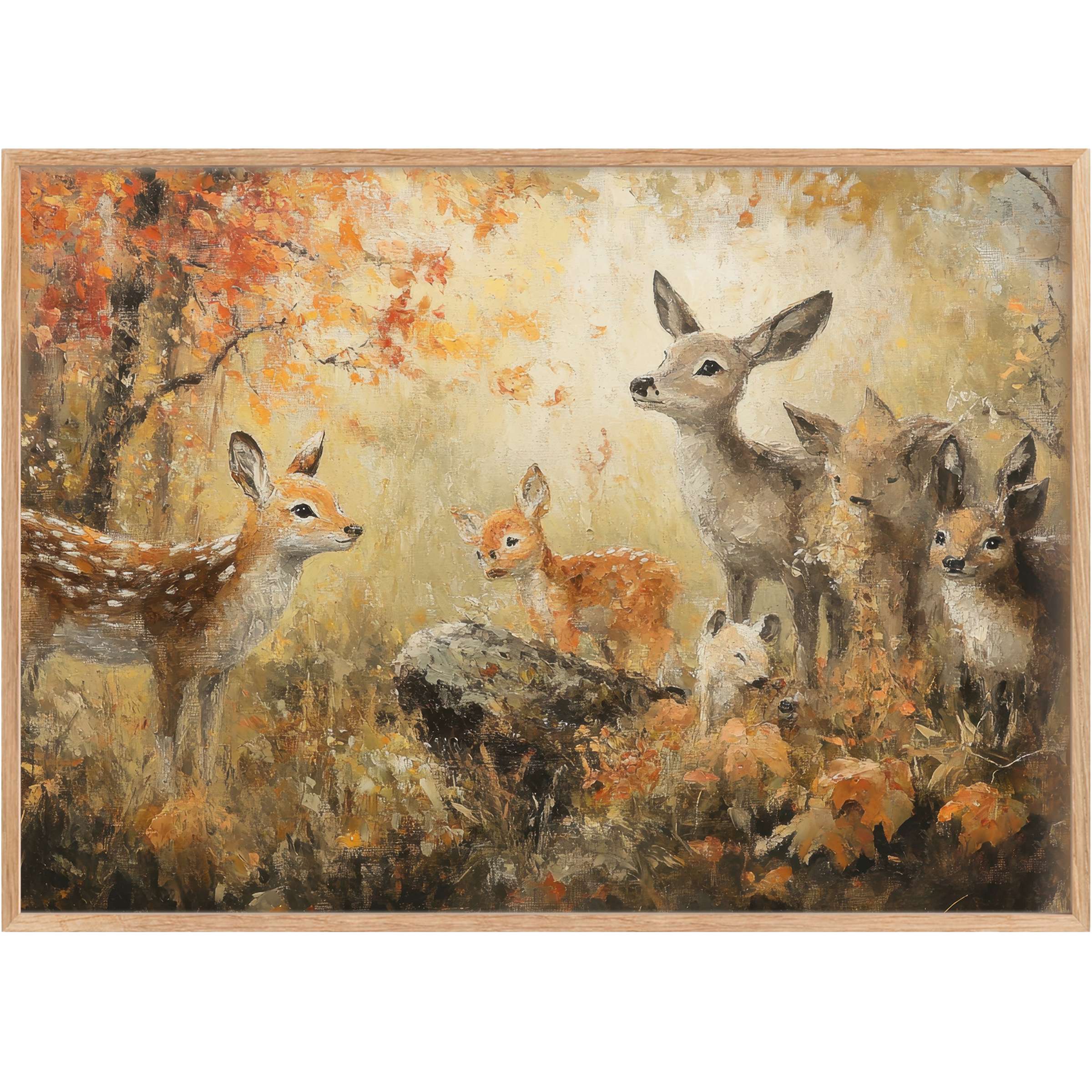 Serene fall printable wall art featuring gentle deer in warm amber and gold hues, evoking calm and timeless woodland charm