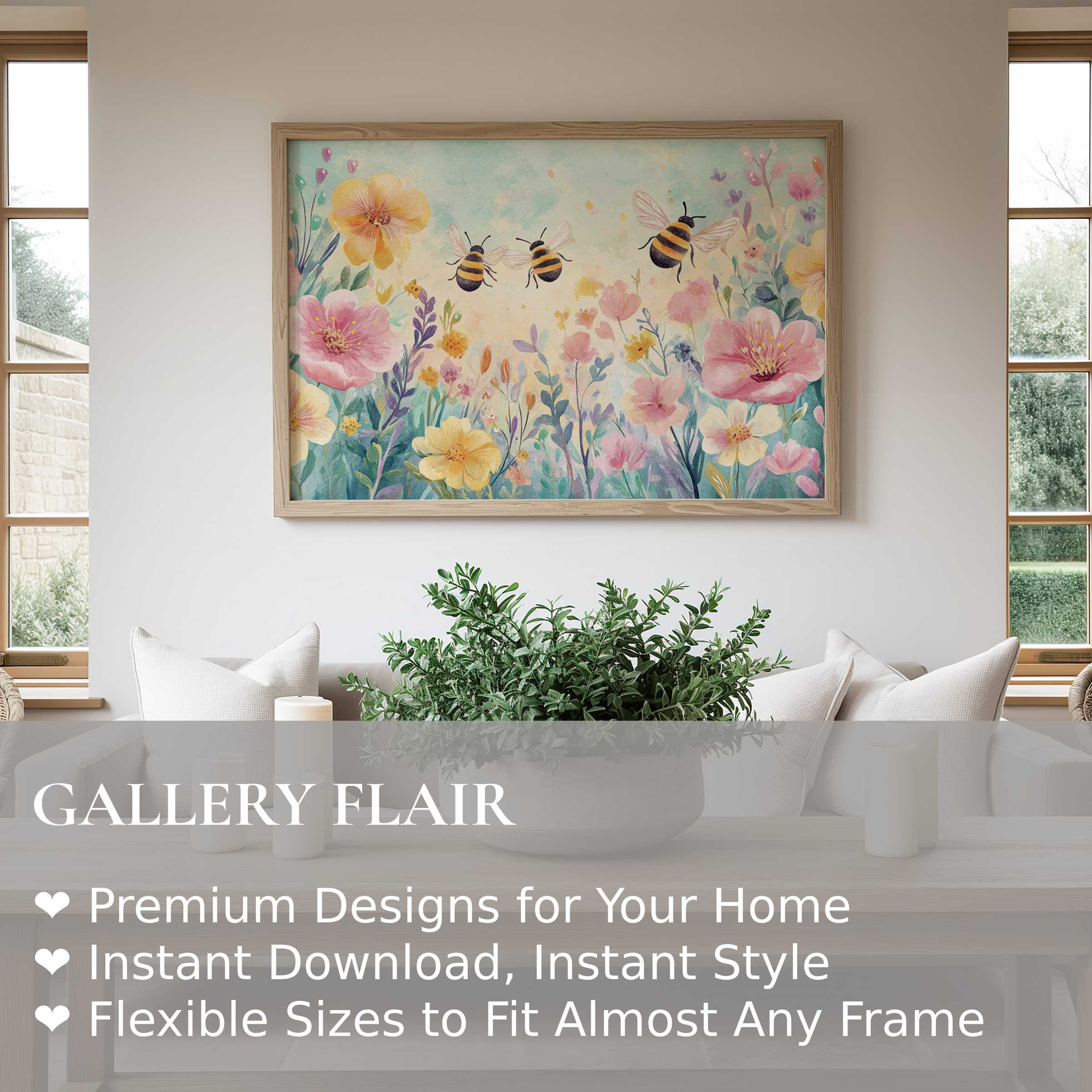 Soft, calming nursery wall art print featuring whimsical bees and pastel florals, enhancing serene modern nursery decor