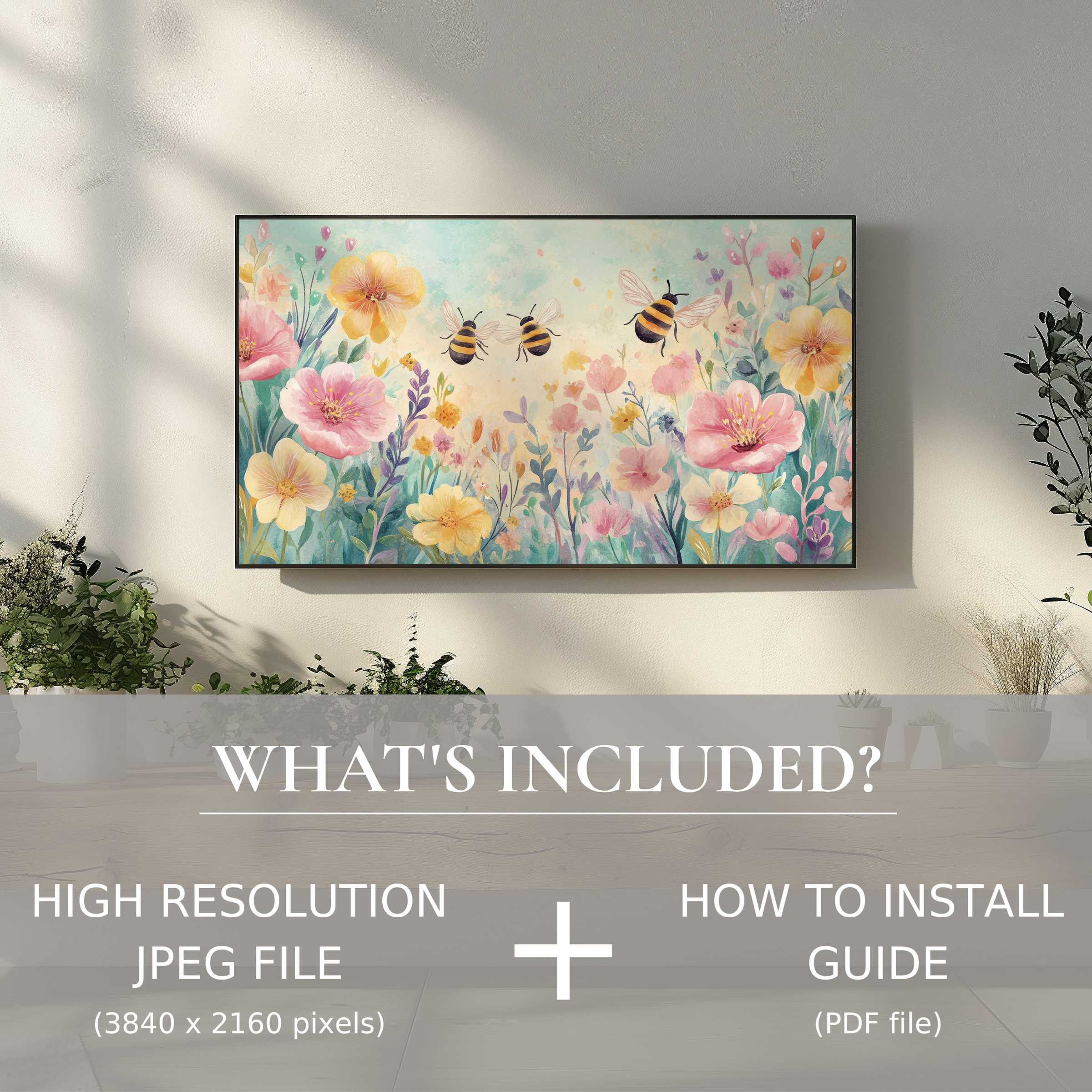 Elegant nursery digital TV art download with bees and flowers, easy digital use enhances your stylish living space