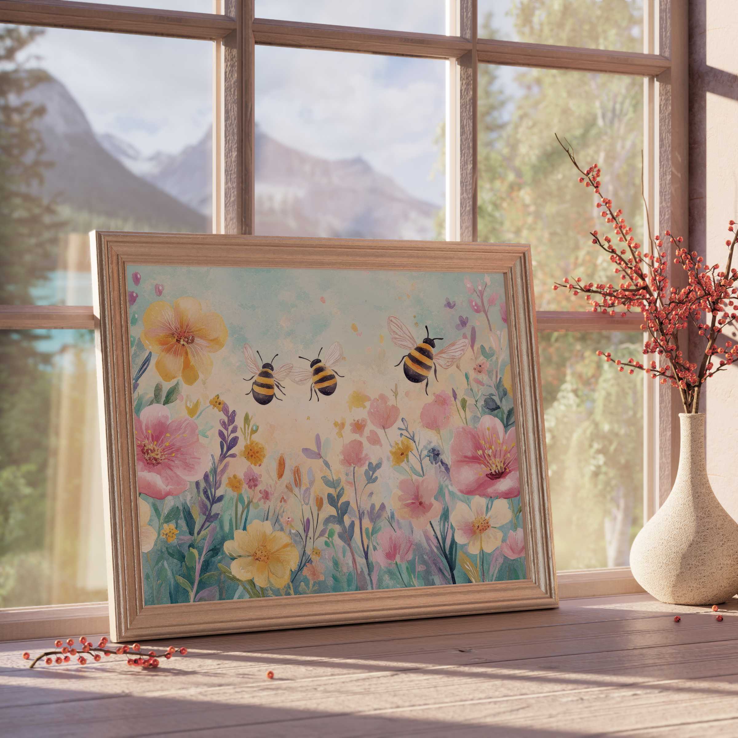 Nursery downloadable art featuring whimsical bees and blooming pastel florals, enhancing serene, stylish nurseries with warm, nature-inspired charm