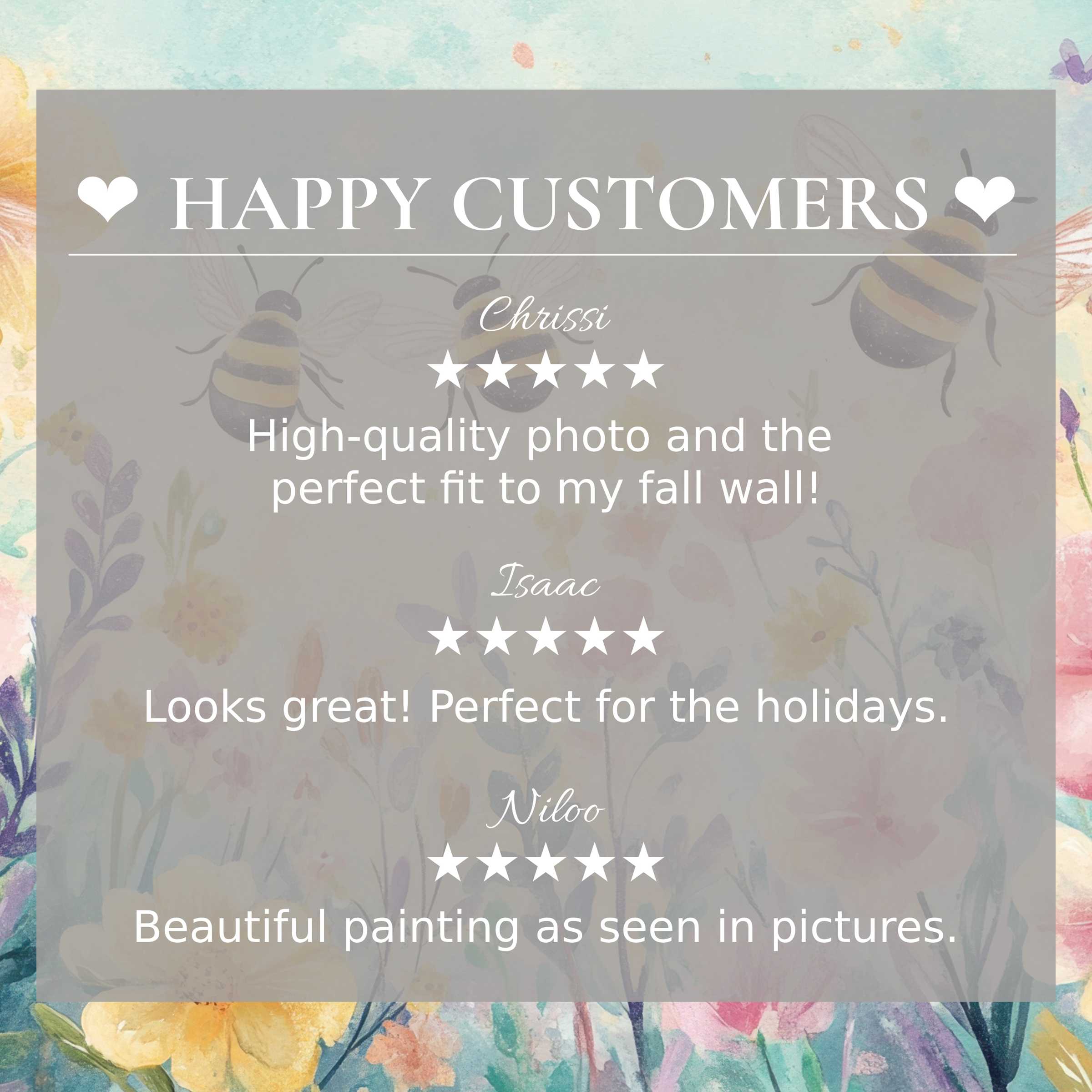Nursery art for Frame TV with soft floral and bee design; happy customer reviews build trust and showcase elegance