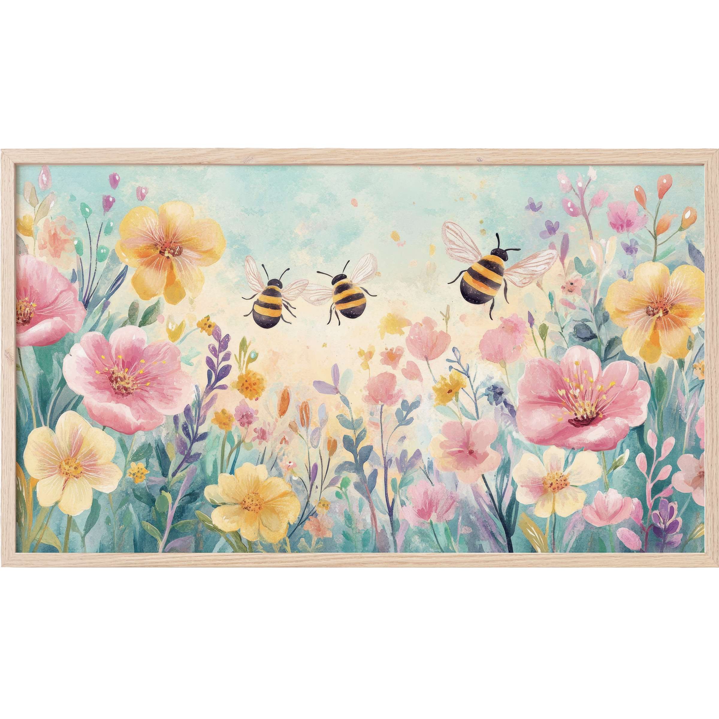 Delicate watercolor wildflowers in pastel pinks and yellows with bees, soft sky backdrop, nursery Frame TV Art