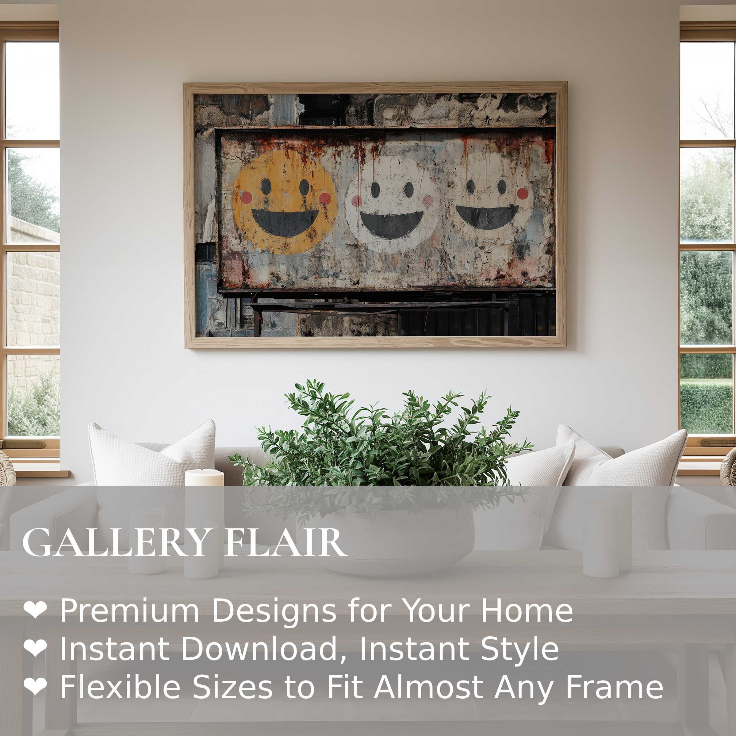 Rustic street art wall art print featuring playful smiley faces, adding bold, urban charm to a sleek, modern living room