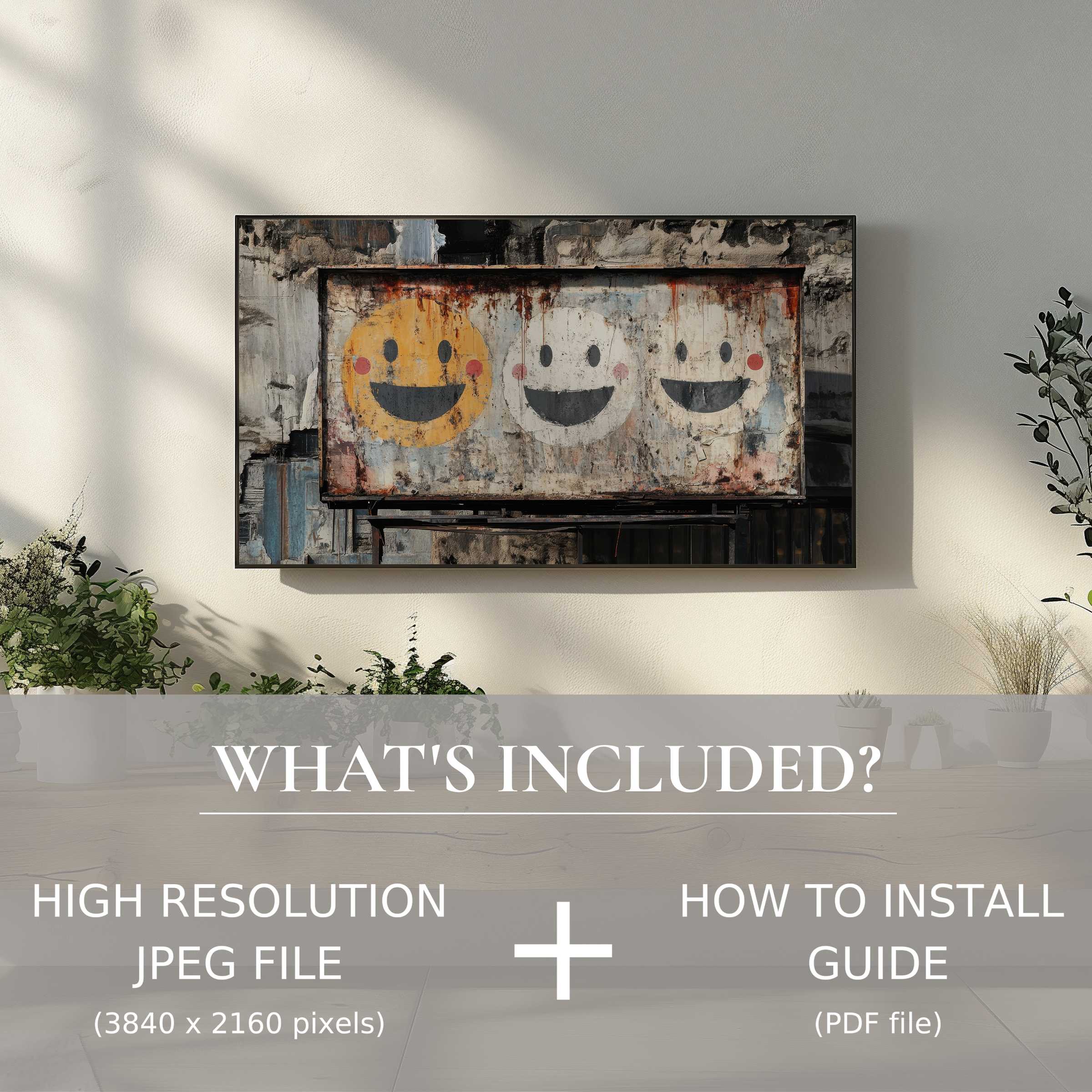 Elegant urban smiles in street art digital TV art download, easily enhancing your stylish living space with high-res ease