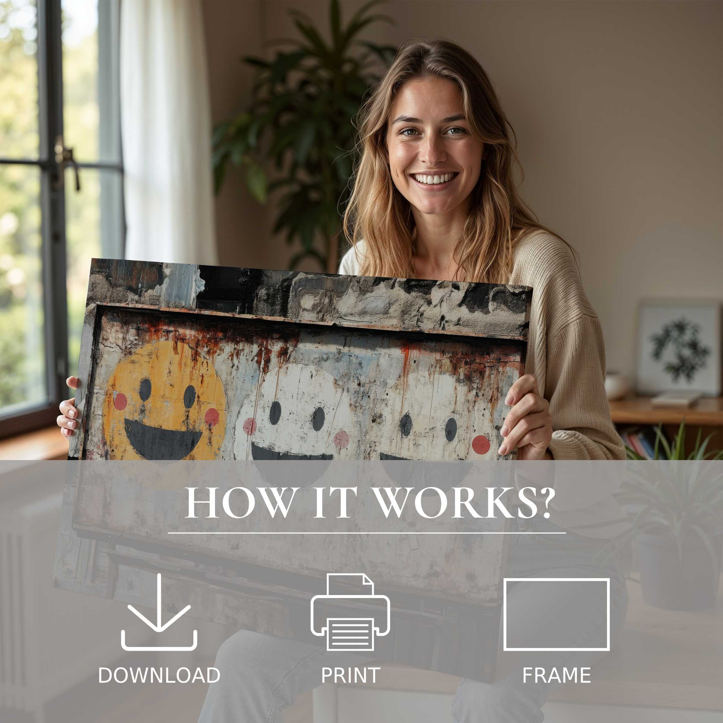 Young woman radiates joy in a stylish modern home, embracing street art digital art print’s effortless beauty and connection