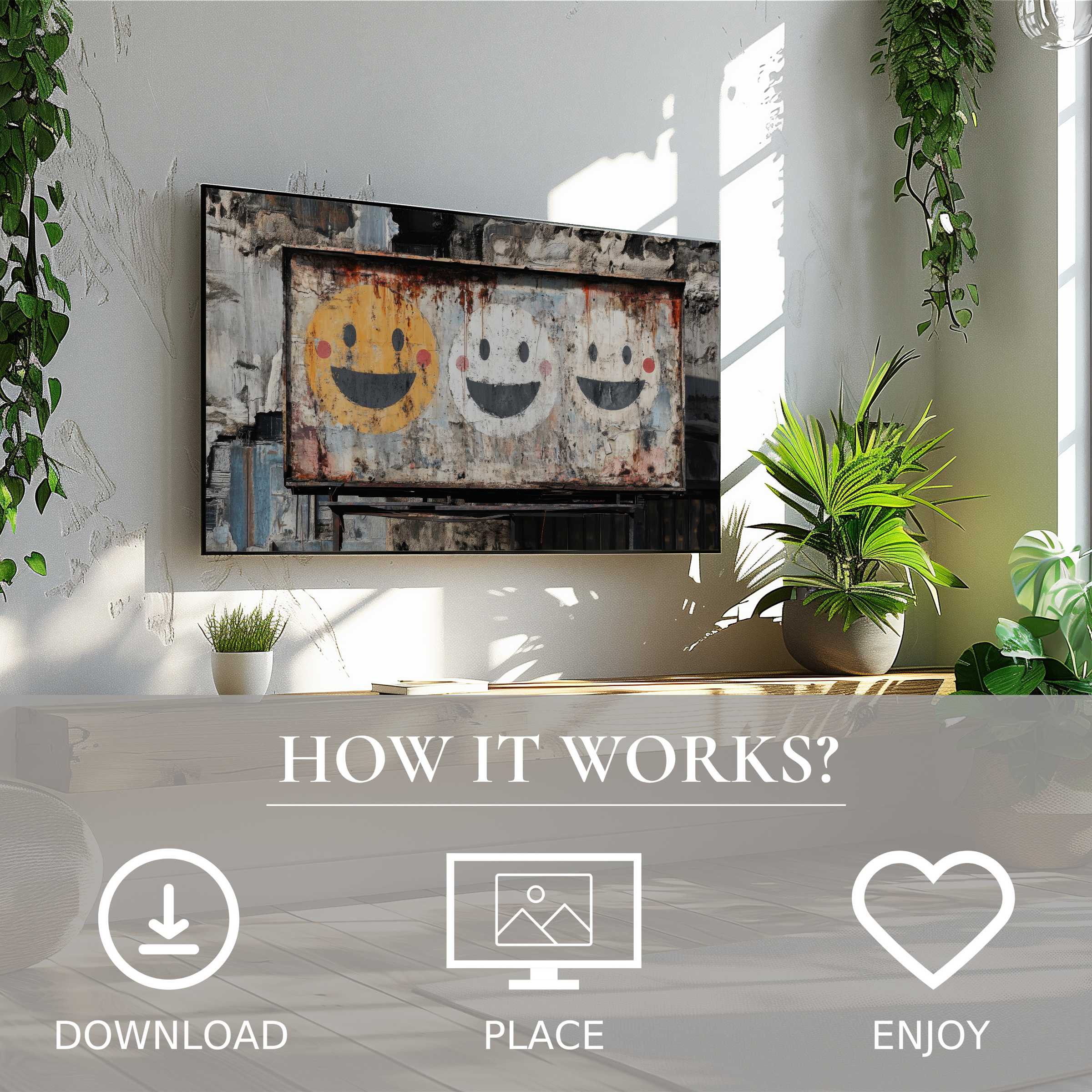 Modern living room with street art for Samsung TV; digital download shows weathered smiley faces enriching space
