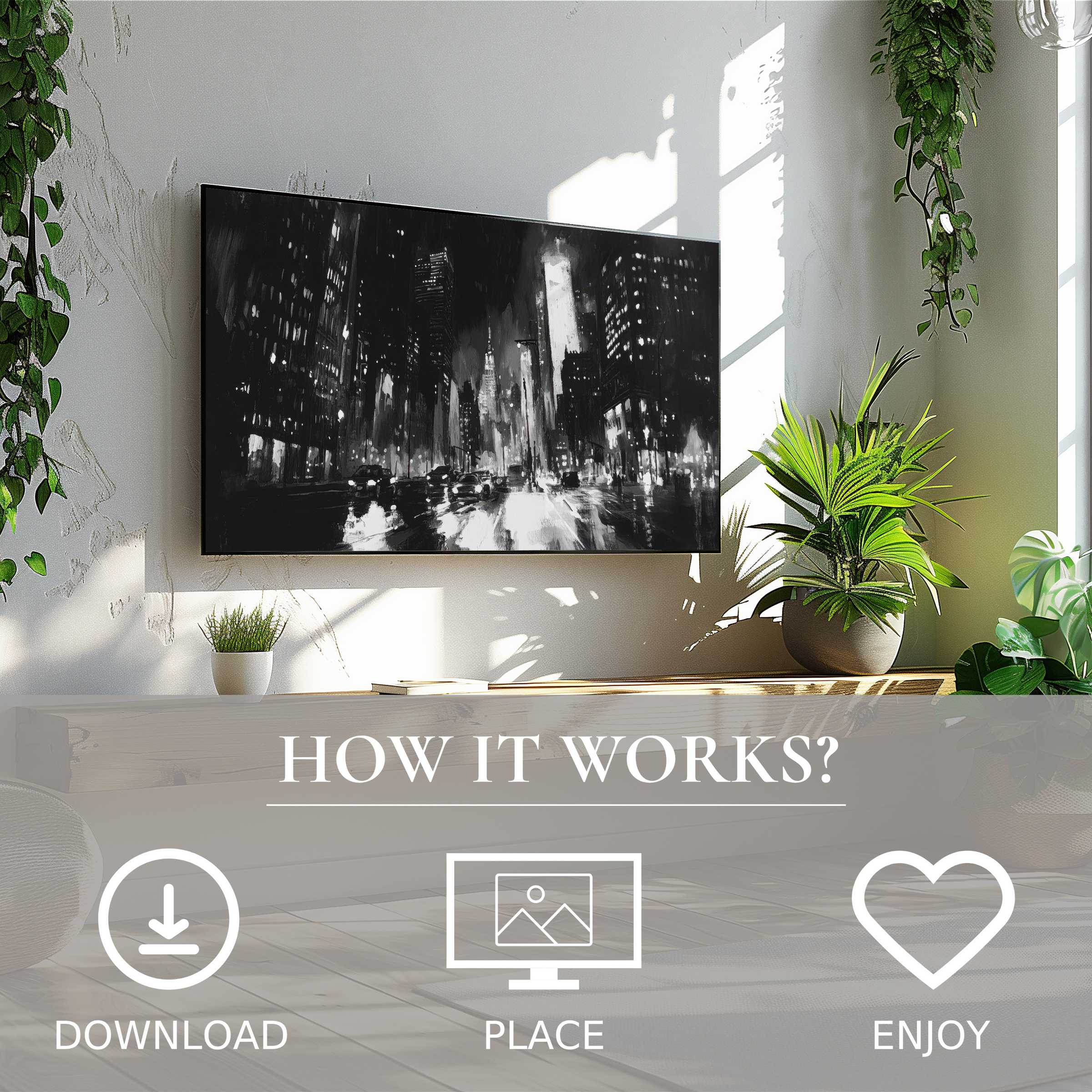 Black and white art for Samsung TV, urban night cityscape, easy digital download enriches modern living spaces