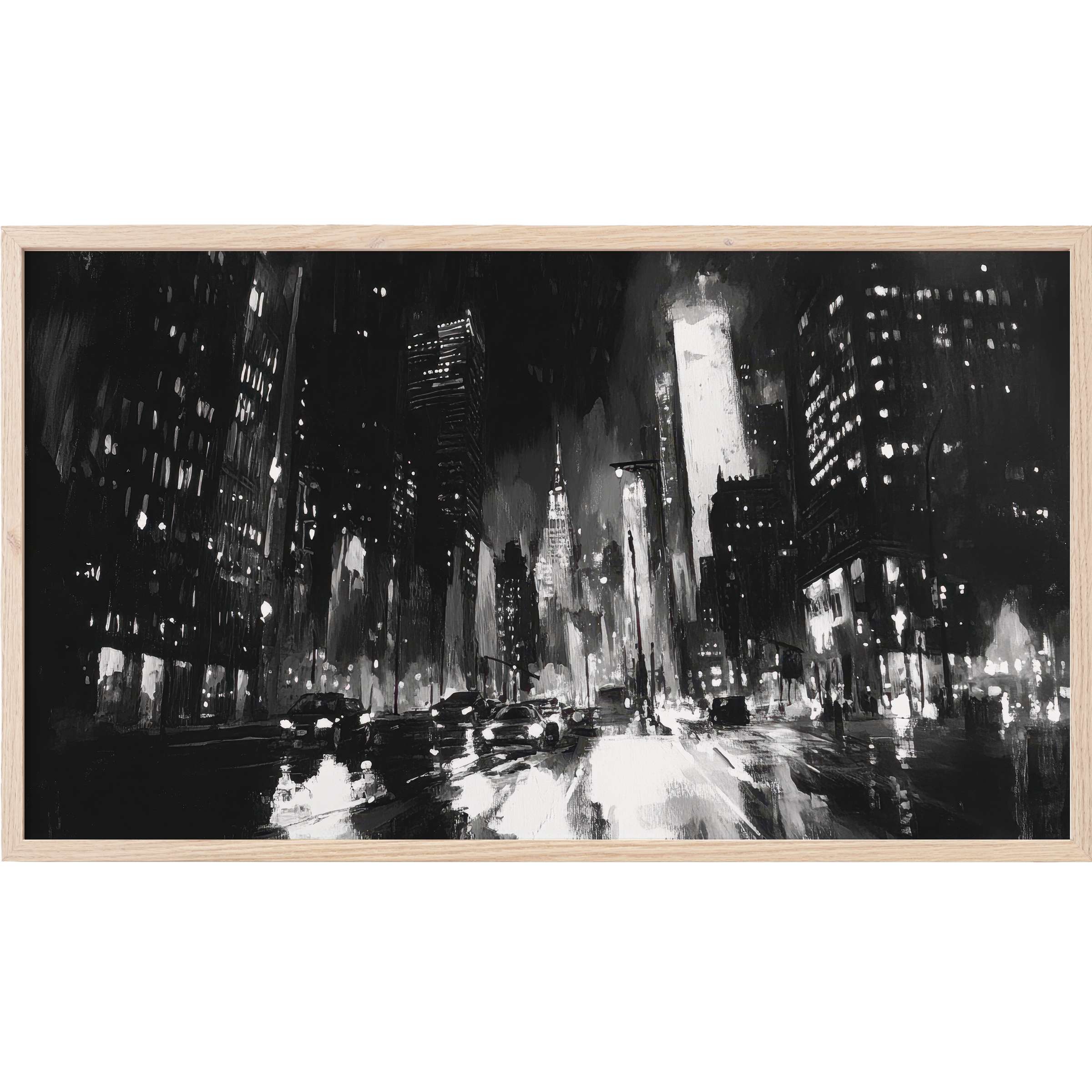 Moody urban nightscape in monochrome tones with dynamic brushstrokes, perfect black and white Frame TV Art