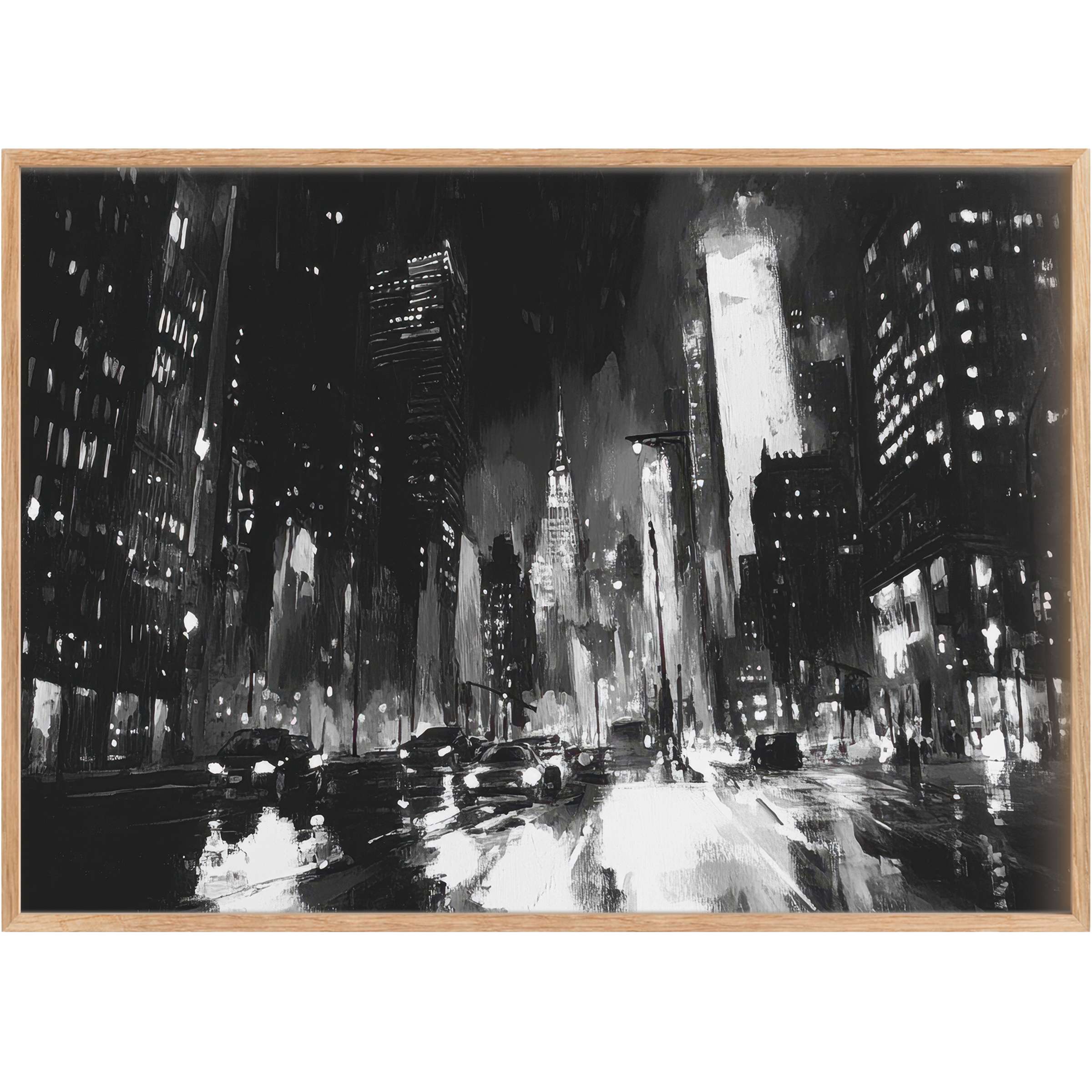 Moody black and white printable wall art capturing a luminous cityscape, evoking urban sophistication and dynamic night energy