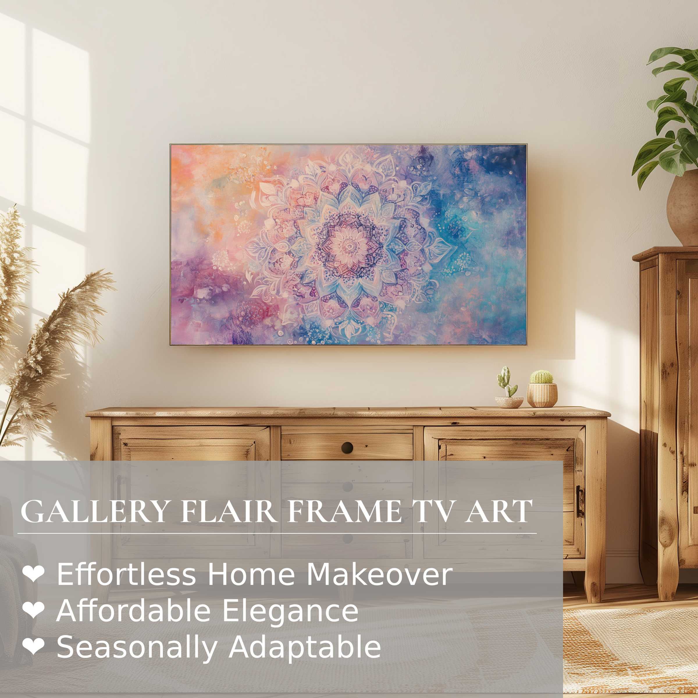 Samsung Frame TV displays boho digital artwork with pastel mandala hues in a sunlit, natural wood bohemian setting