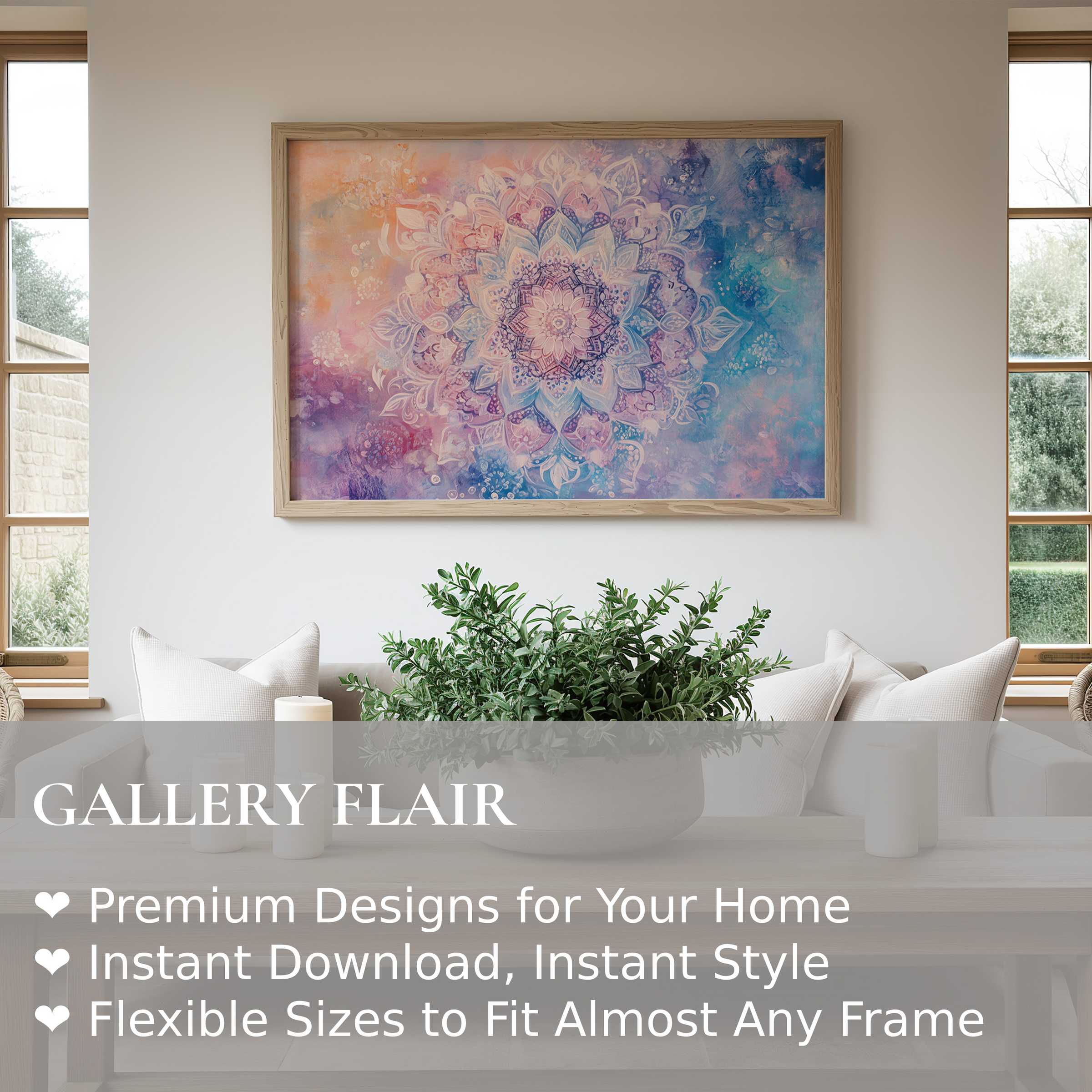 Boho wall art print featuring a radiant pastel mandala that infuses serene, modern living spaces with soulful, calming charm