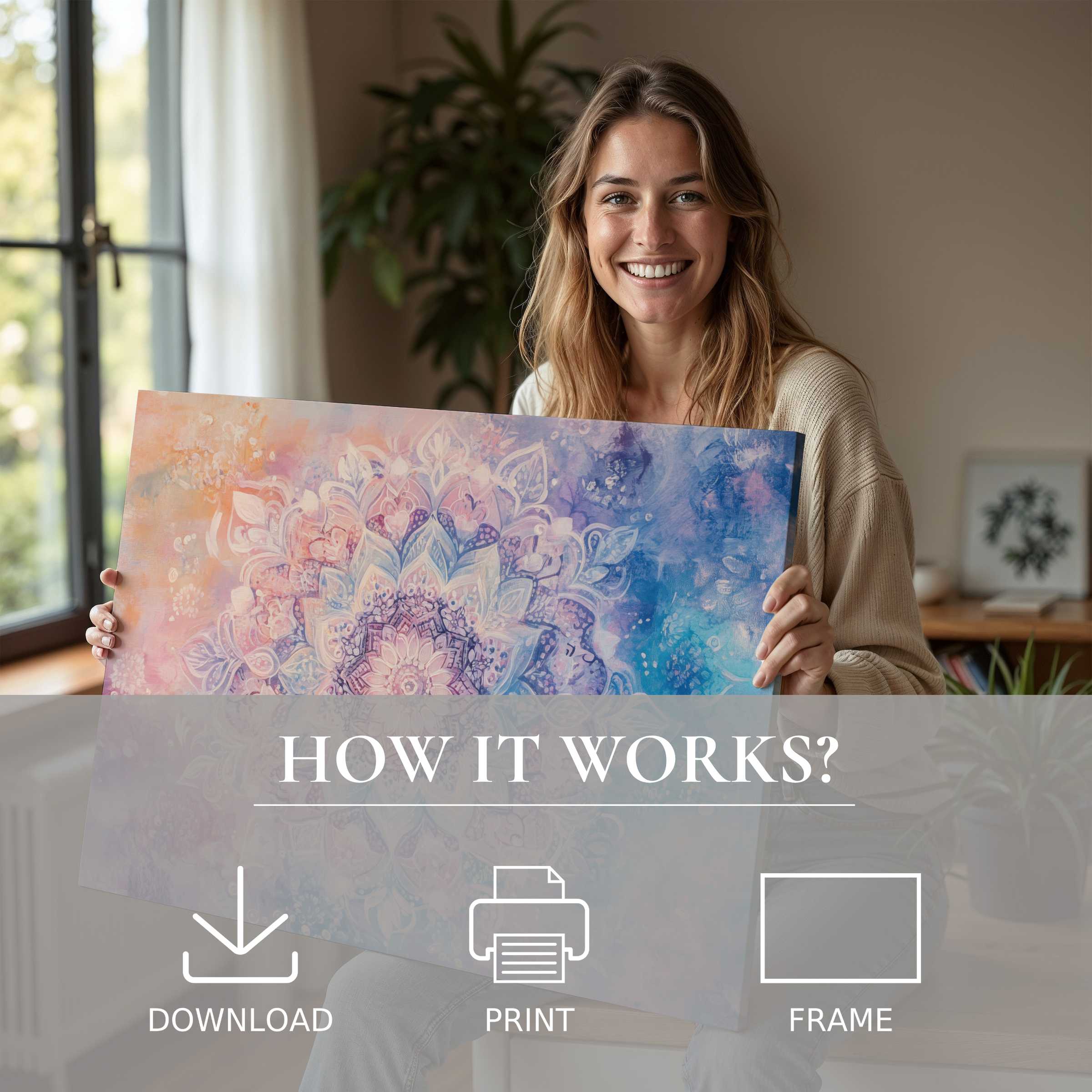 Bright boho digital art print in soft pastels evokes joyful connection, enriching a modern home with effortless, elegant living art