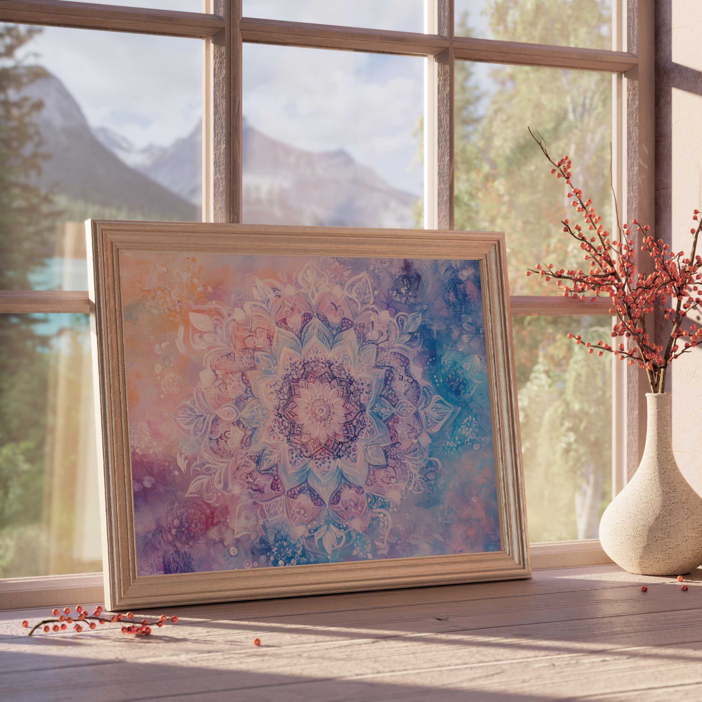 Serene boho downloadable art features a pastel mandala blend, elevating tranquil, curated interiors with delicate elegance and warm light