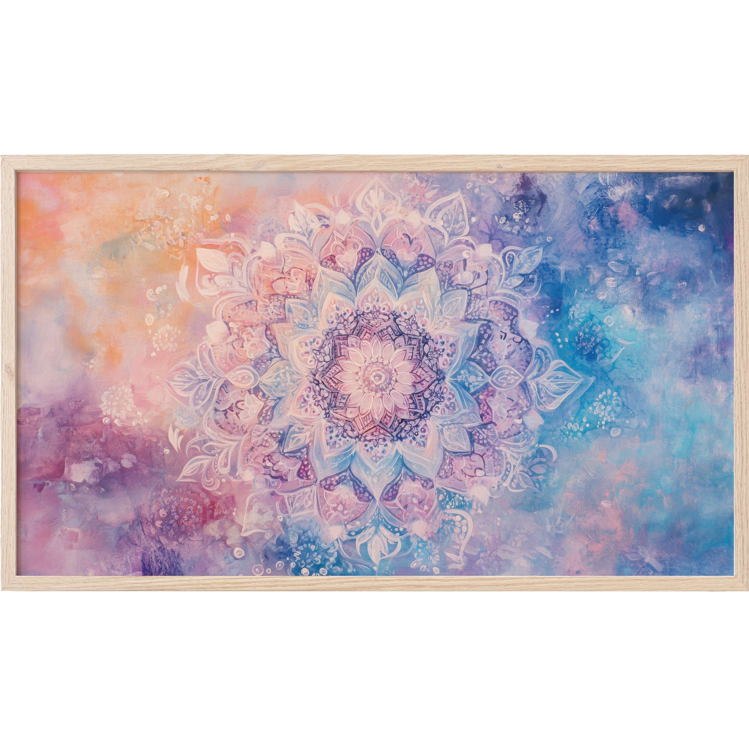 Boho Frame TV Art with a pastel mandala design in soft pinks, purples, and blues, radiating calm elegance