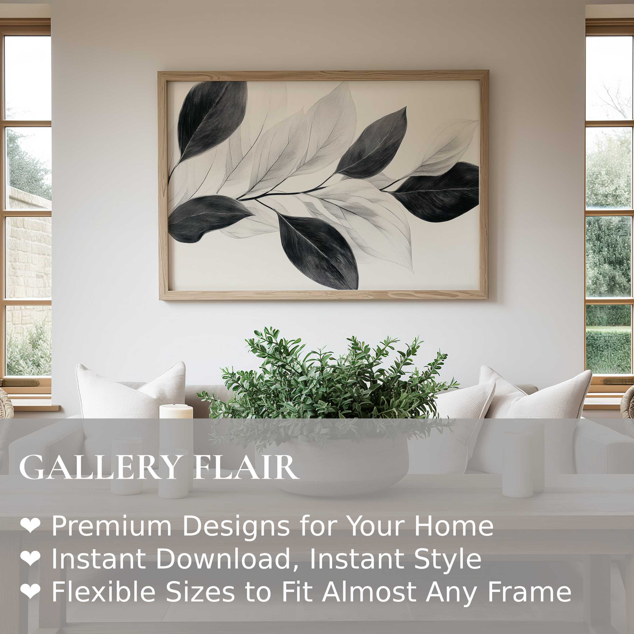 Neutral wall art print featuring soft, monochrome leaves that evoke calm elegance in a modern, minimalist living room