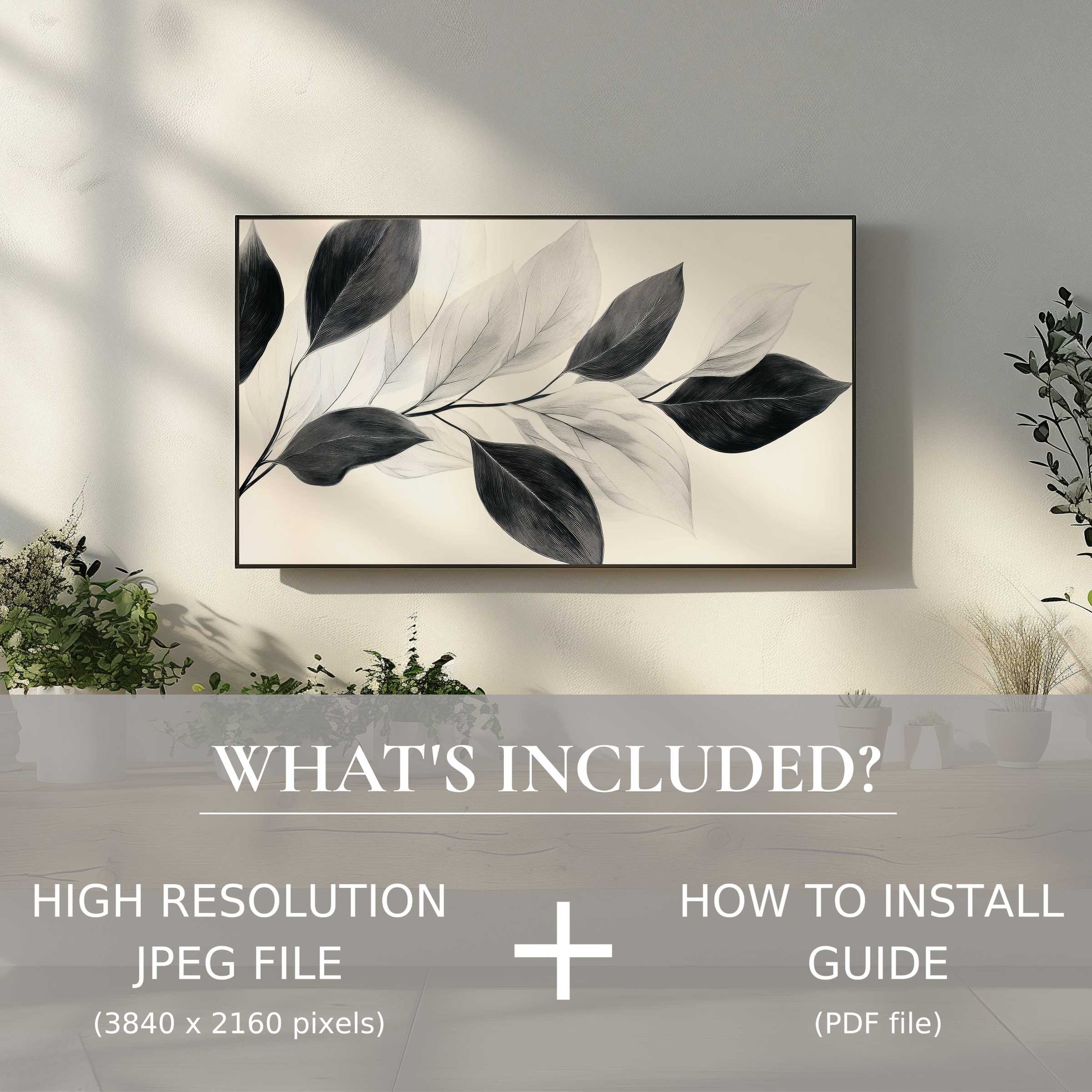 Elegant living room with neutral digital TV art download; easy digital use transforms and enriches your space