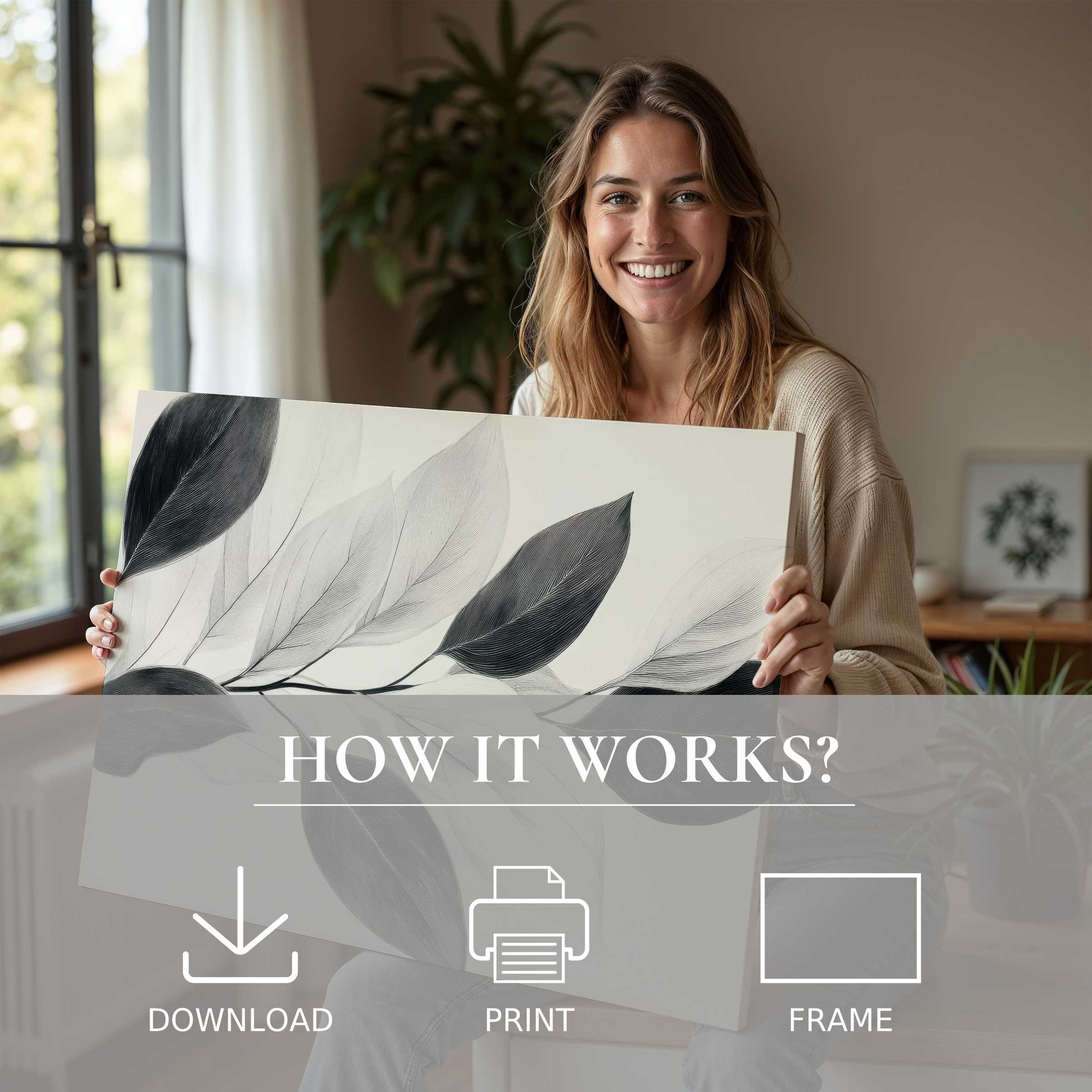 Radiant joy in a modern home as serene neutral digital art print quietly enriches living space with effortless elegance