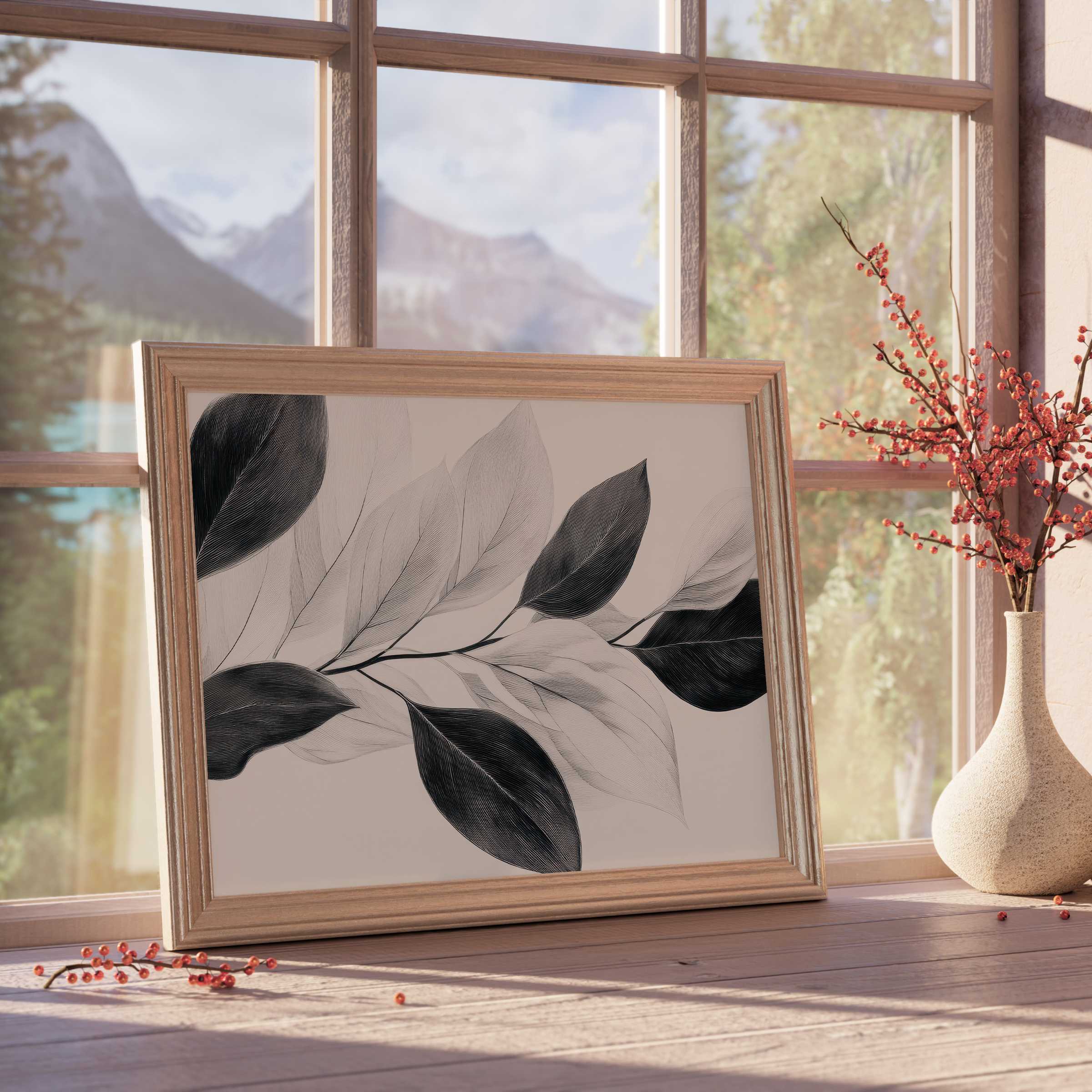 Neutral downloadable art featuring delicate monochrome leaves, evoking calm and timeless elegance in curated, modern interiors
