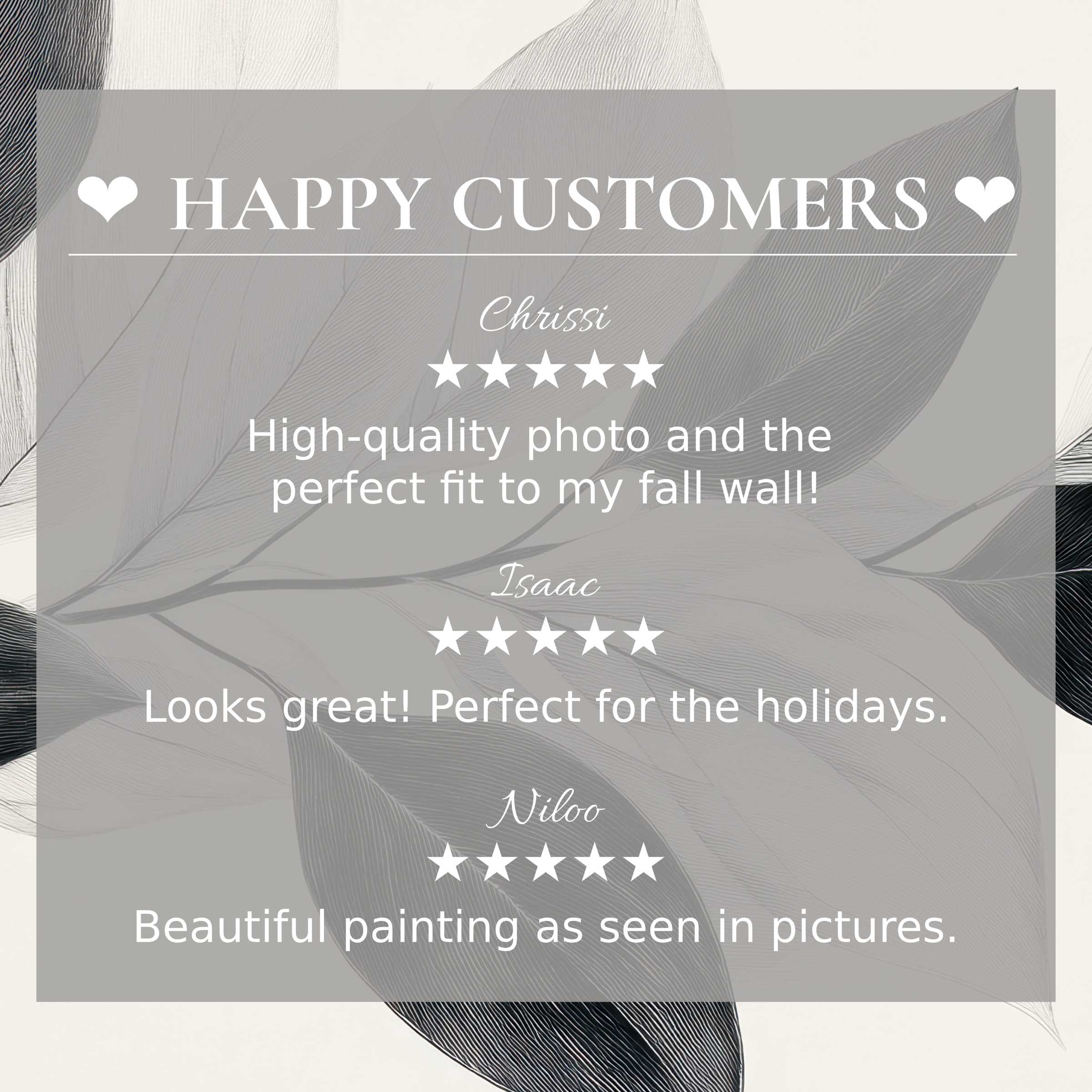 Neutral art for Frame TV with elegant leaf design, showcasing happy customer reviews to build trust and style appeal