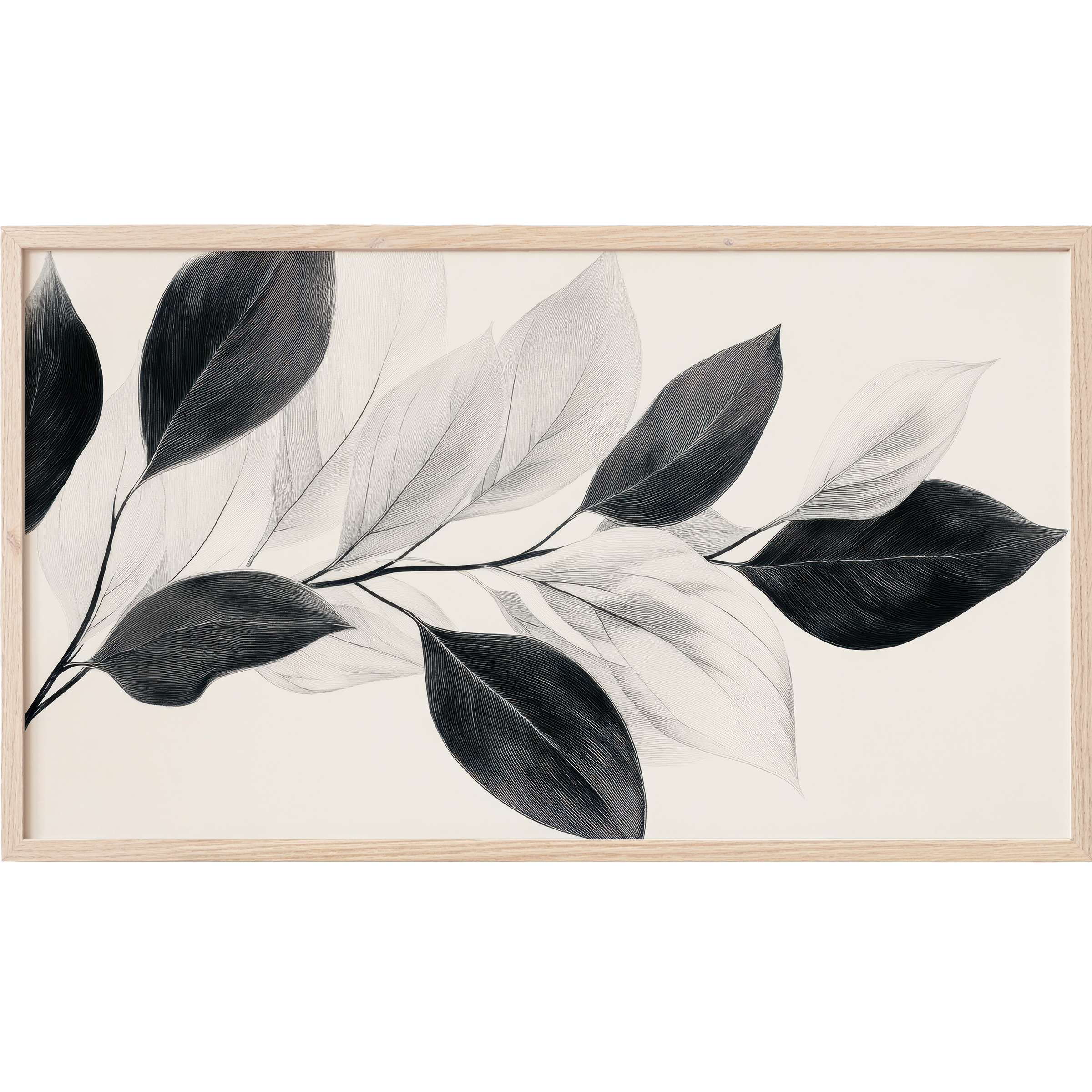 Monochrome leaf design in soft grayscale and black tones, framed in light wood for neutral Frame TV Art elegance