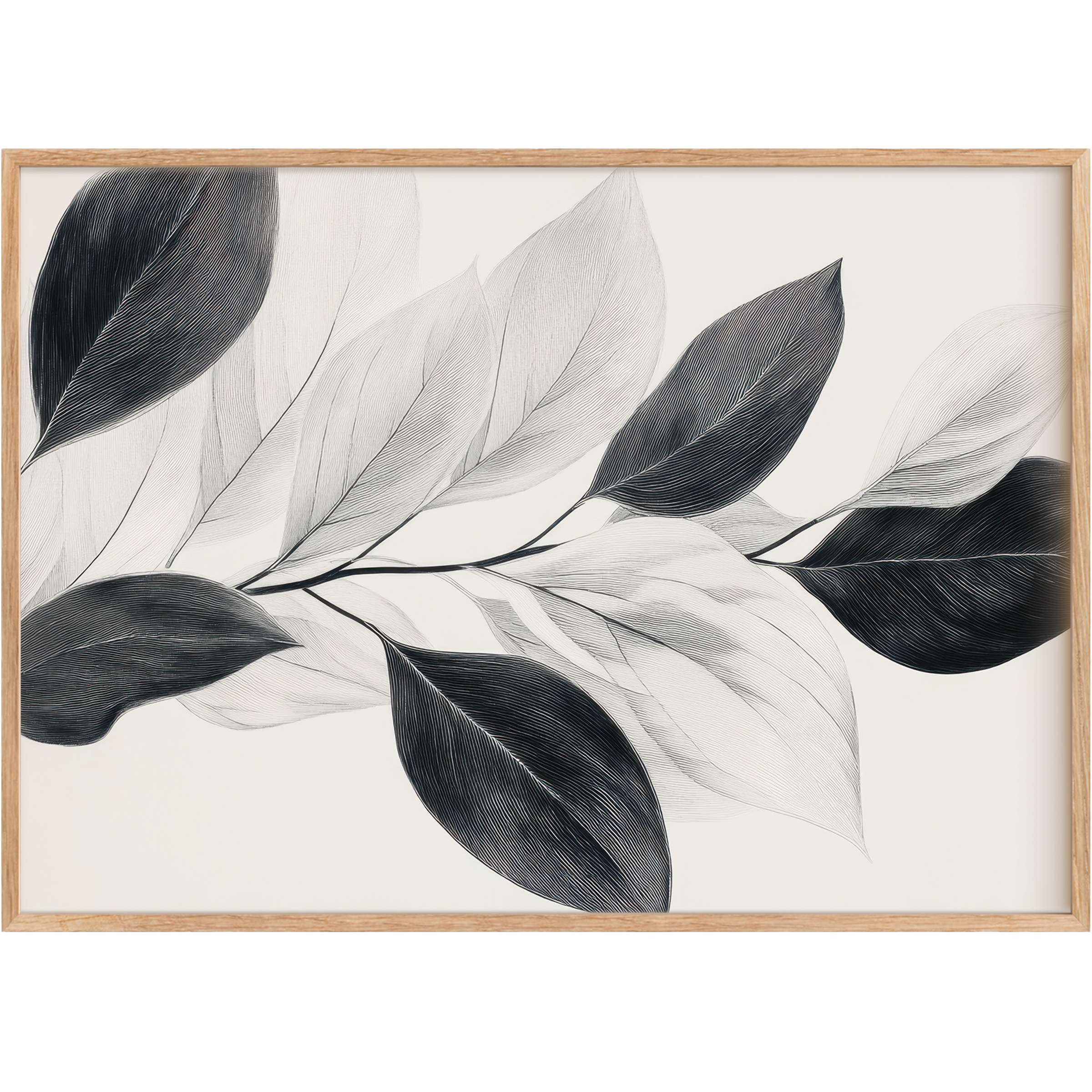 Neutral printable wall art featuring elegant black and gray leaves, creating a serene, sophisticated ambiance for refined living spaces