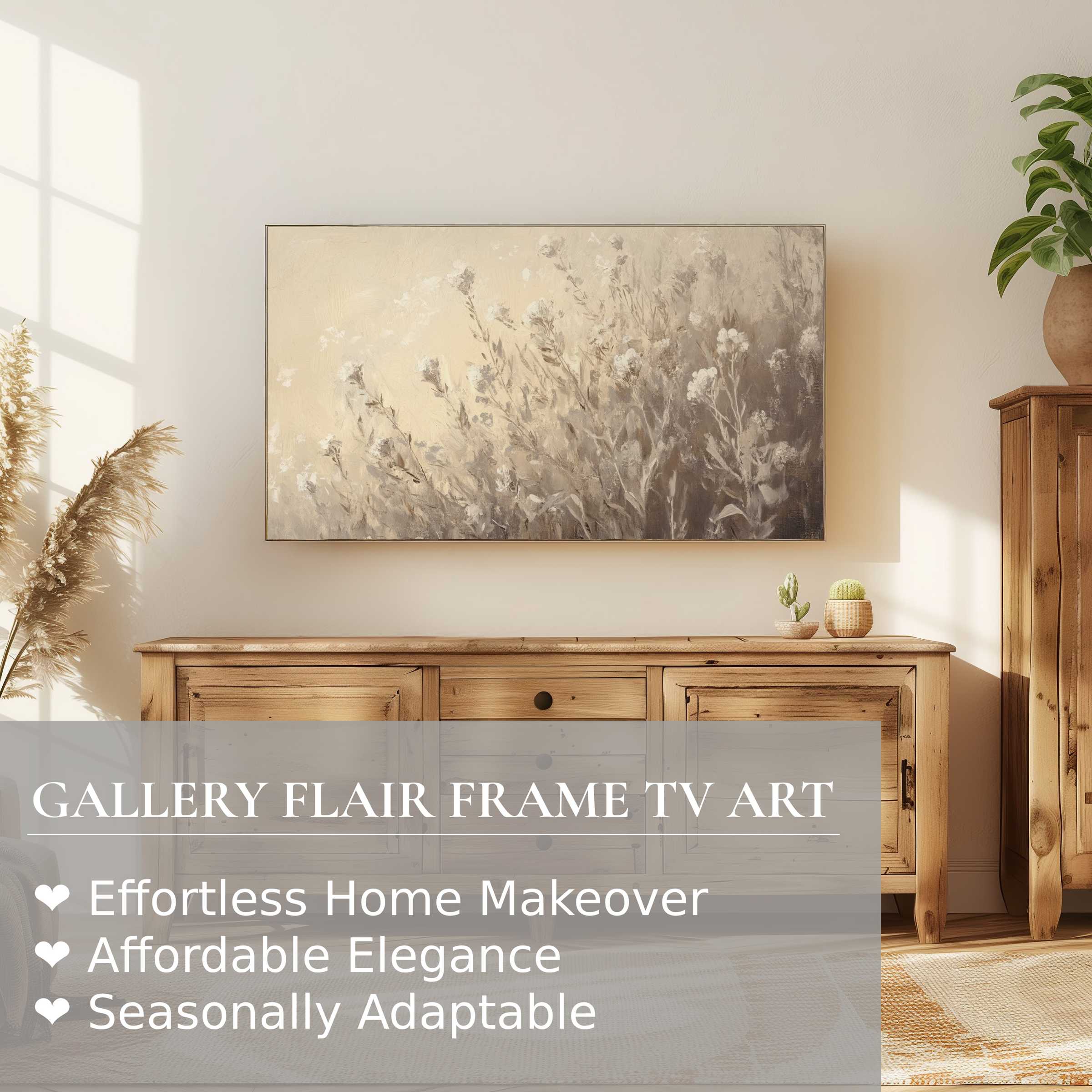 Elegant botanical digital artwork in muted tones on Samsung Frame TV, enhancing a modern, warm, natural living space