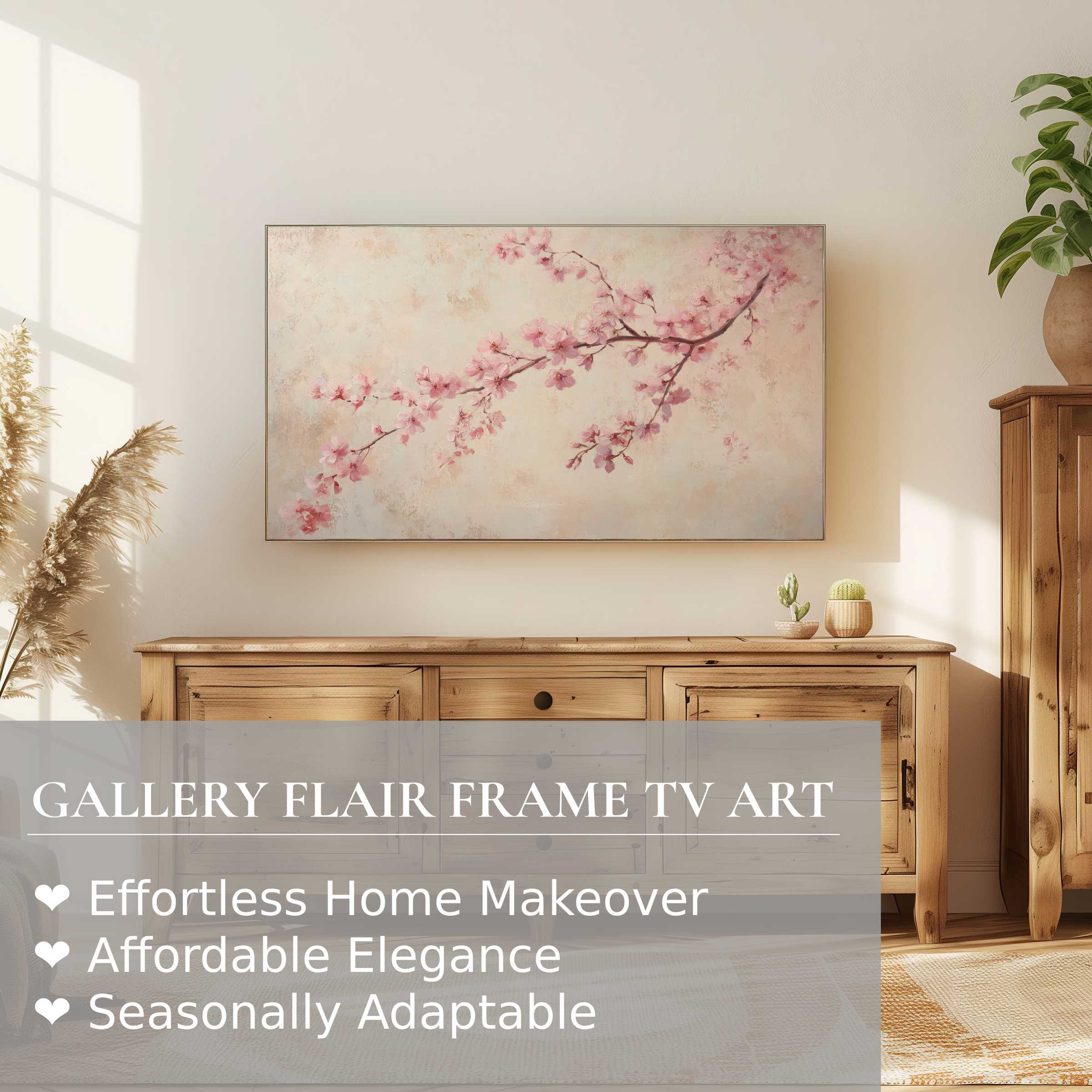 Samsung Frame TV displaying elegant floral digital artwork of soft pink blossoms in a modern, sunlit living space