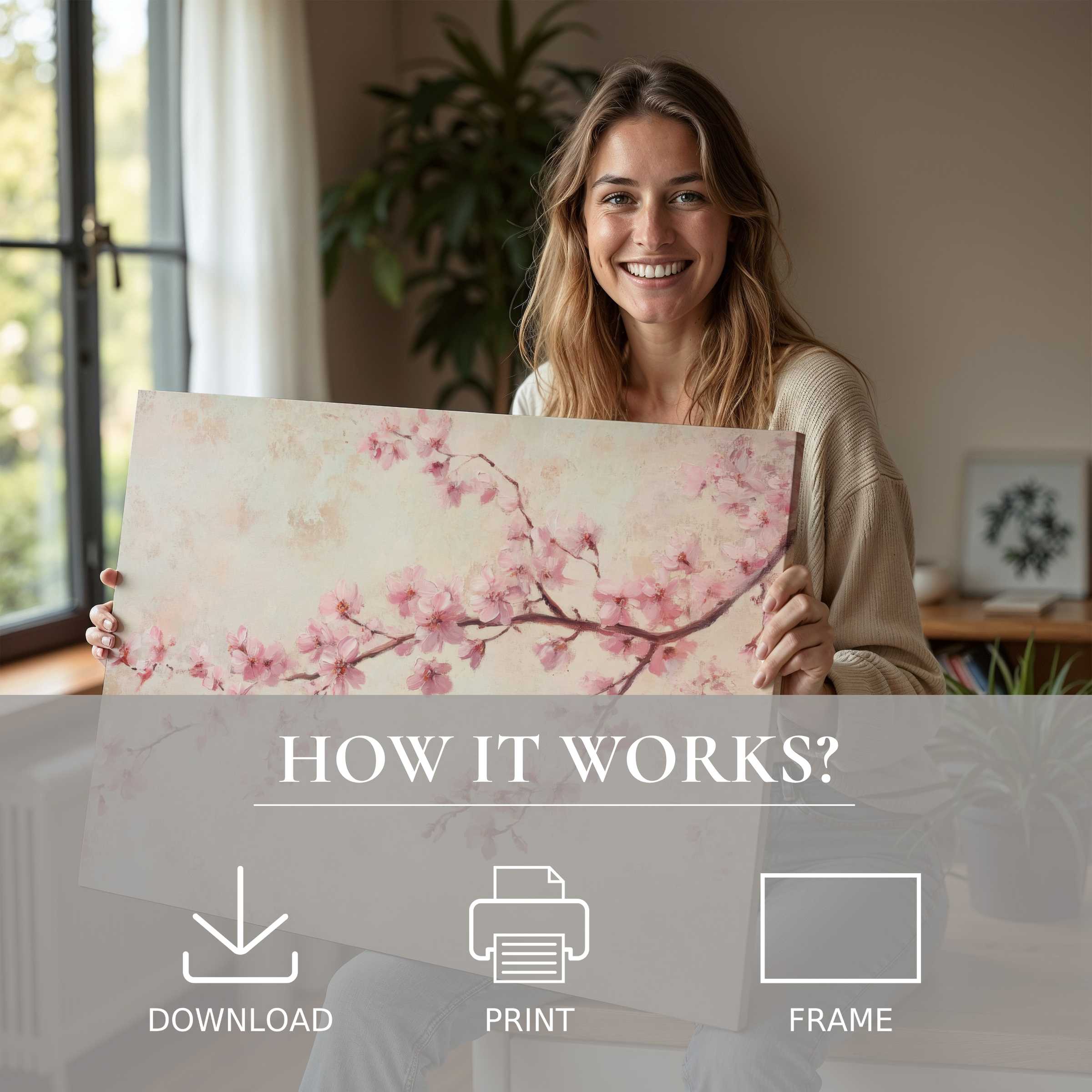 Elegant floral digital art print in soft blush tones, capturing joy and serenity in a modern, art-filled home