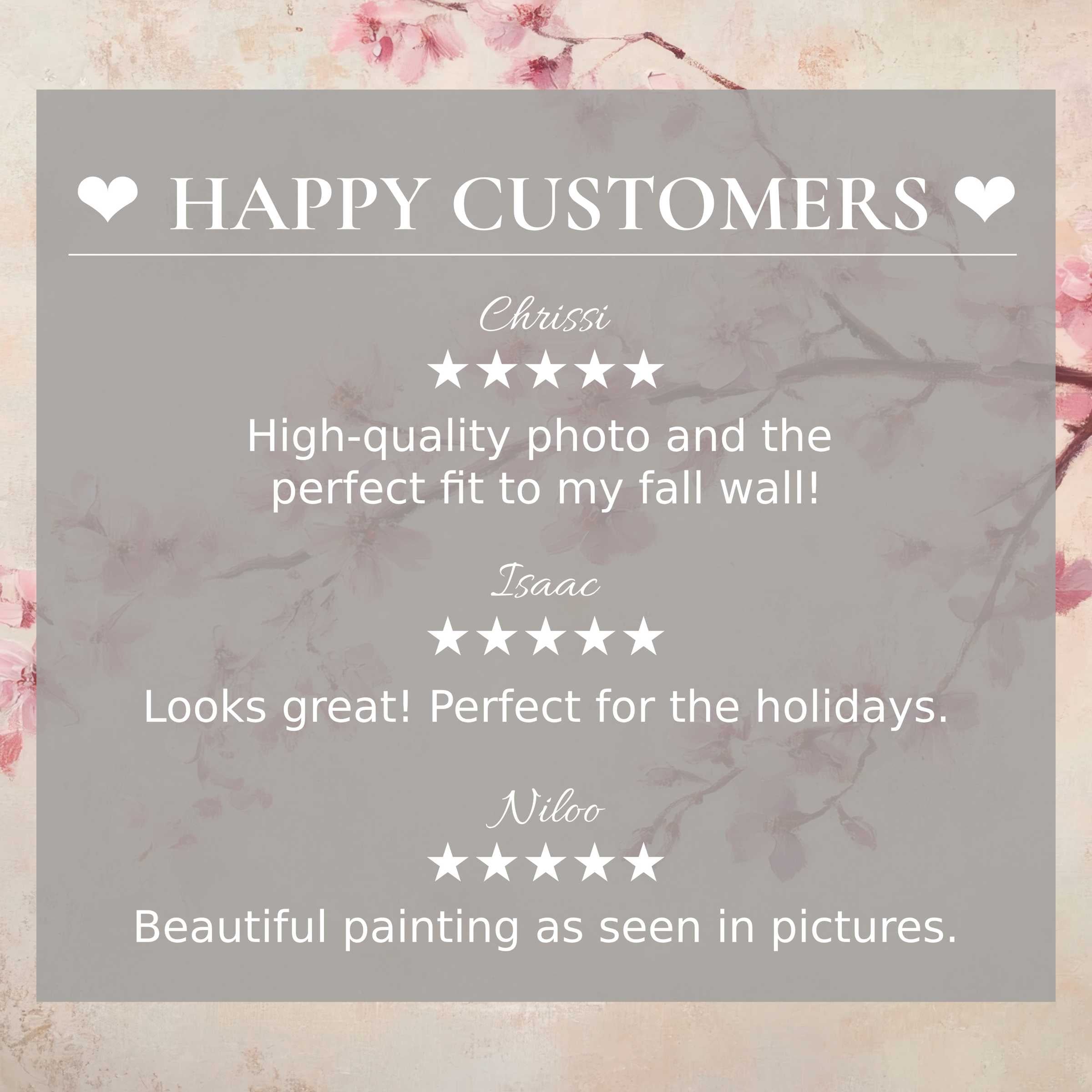 Floral art for Frame TV with abstract pink blossoms, featuring happy customer reviews that inspire trust and elegance