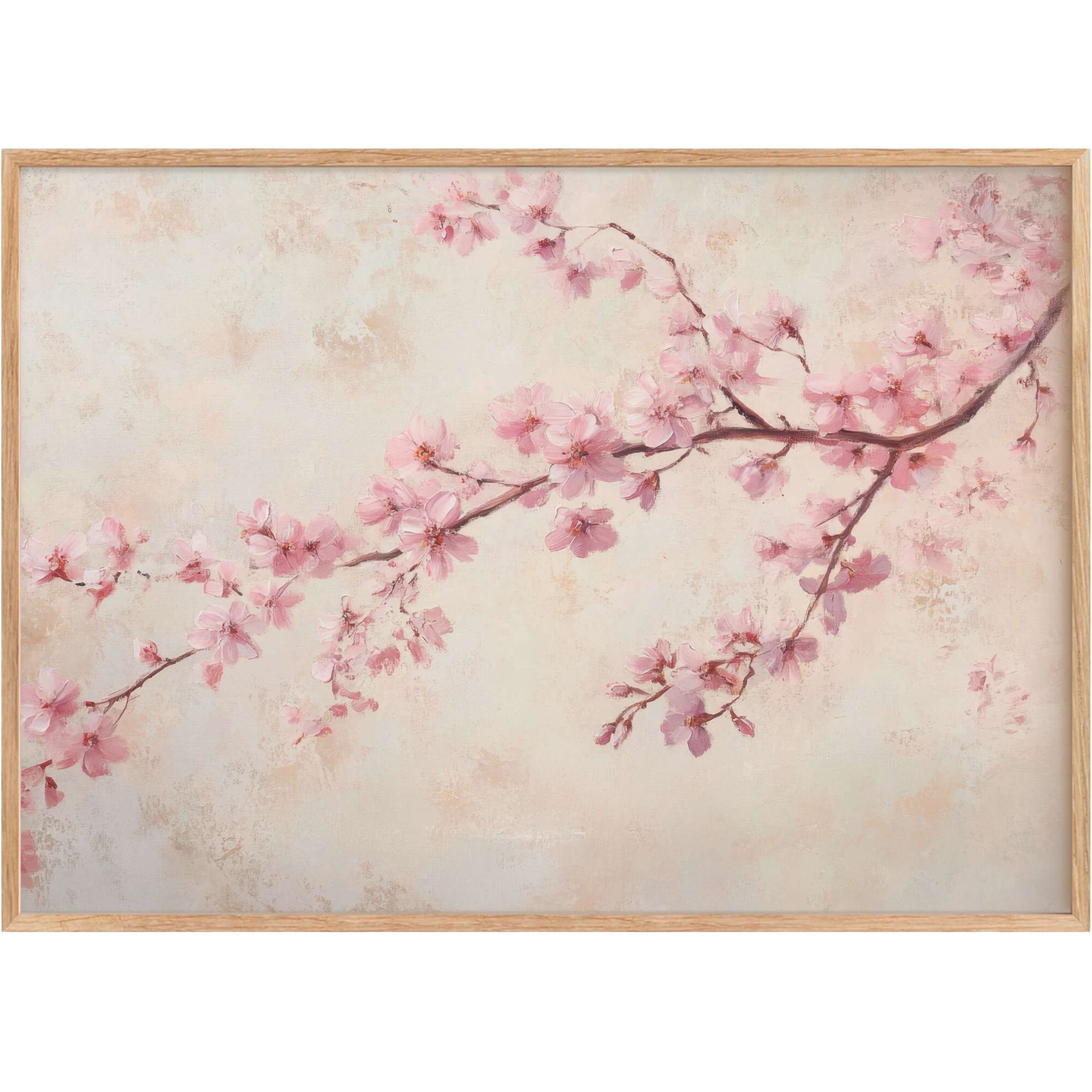 Delicate floral printable wall art featuring soft pink blossoms on muted beige, evoking a serene and elegant ambiance