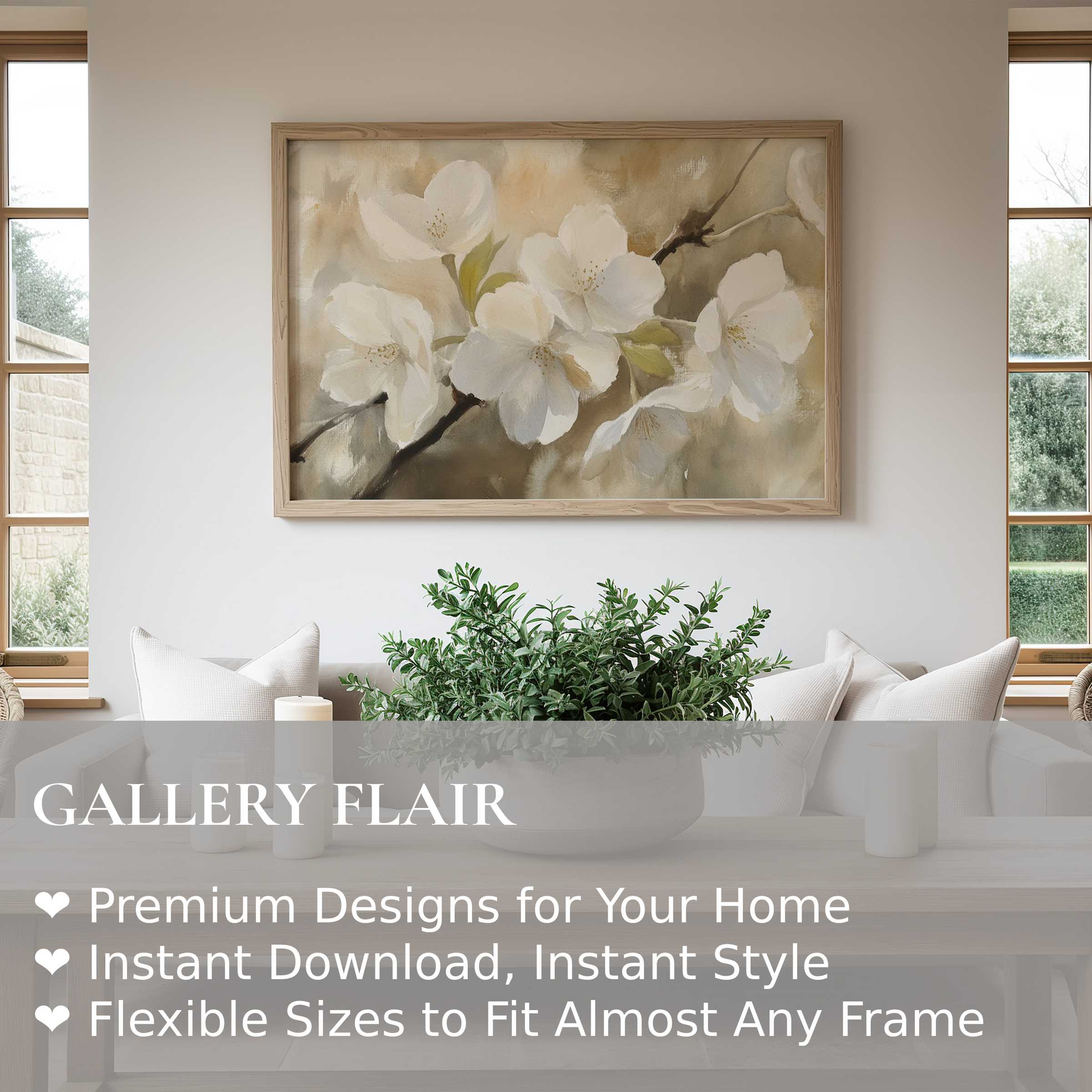 Elegant spring wall art print featuring soft, radiant white blossoms in a serene neutral palette, enhancing modern minimalist interiors with calming natural beauty