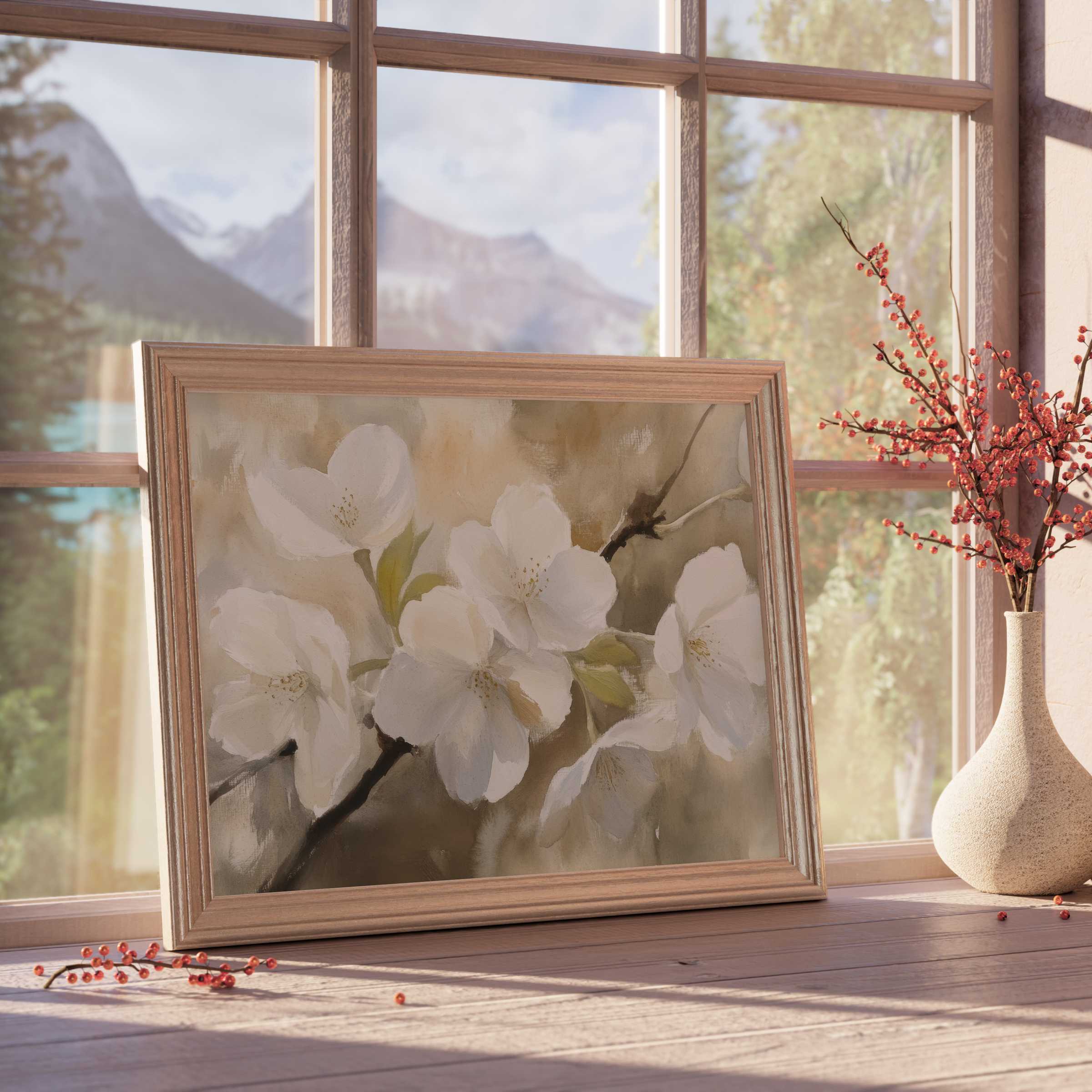 Elegant spring downloadable art featuring delicate white blossoms, enhancing tranquil, curated interiors with soft natural light