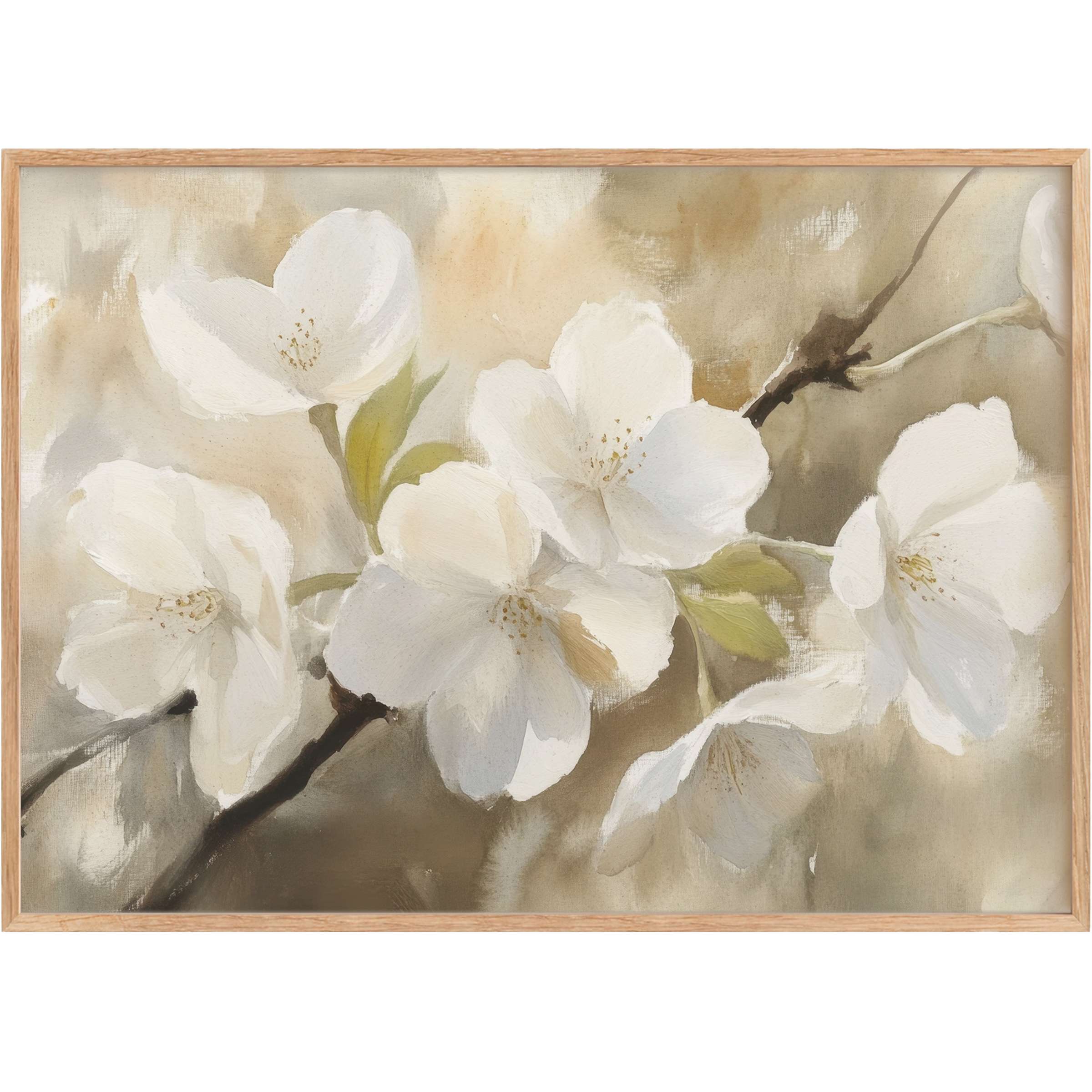 Elegant spring printable wall art featuring soft white blossoms and muted earth tones, evoking a serene, timeless calm