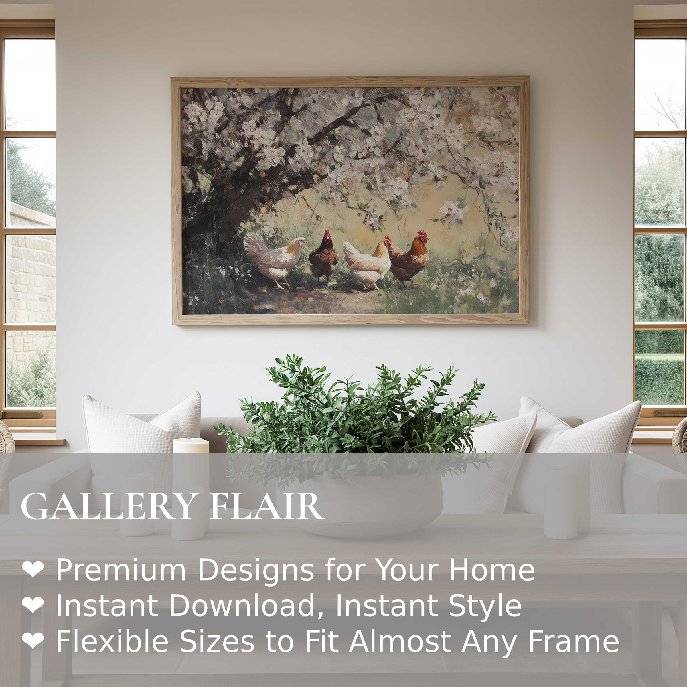 Farmhouse wall art print featuring rustic chickens beneath blooming branches, enriching a serene modern farmhouse living space