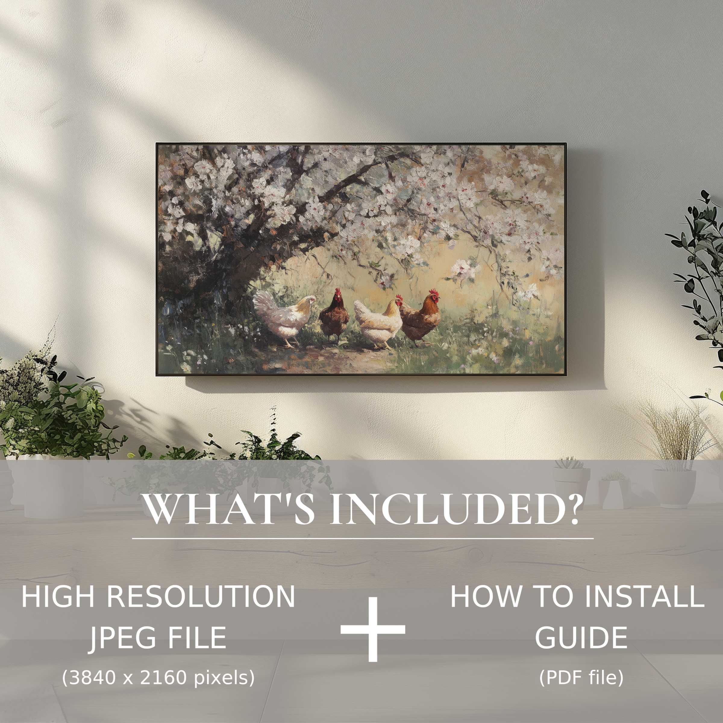 Elegant farmhouse digital TV art download featuring chickens under blossoms, enhancing modern living with easy digital use