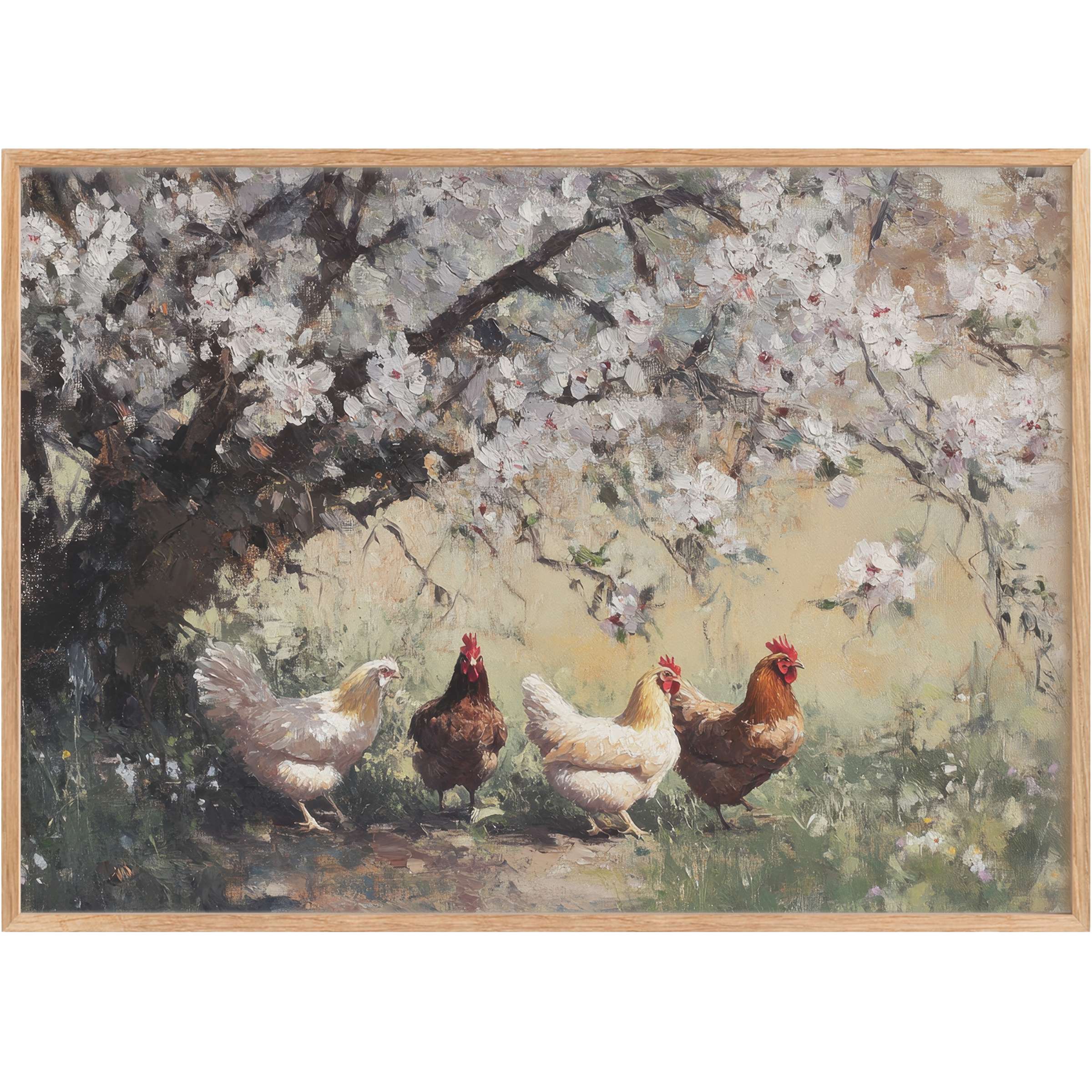 Charming farmhouse printable wall art capturing hens beneath soft, blossoming branches in warm, serene spring hues