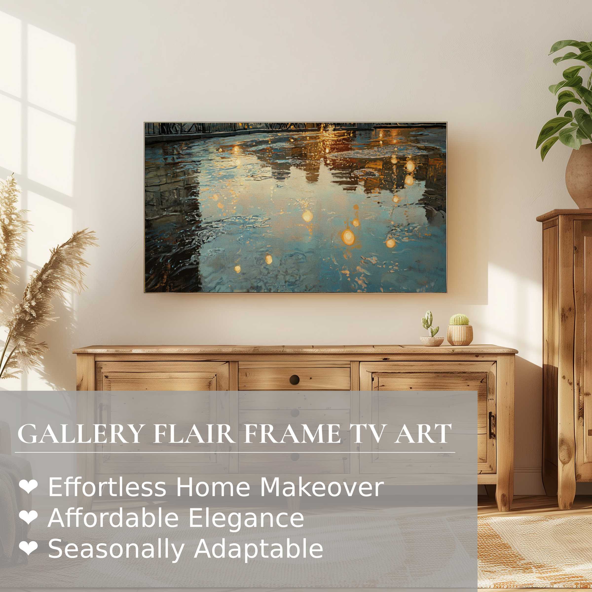 Samsung Frame TV showcases urban digital artwork with reflective water in a serene, modern living space