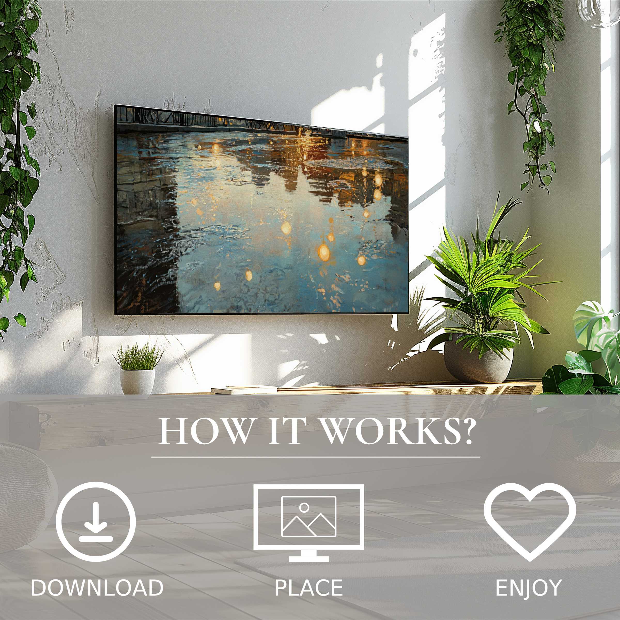 Urban art for Samsung TV: digital download enriches space with reflective water motif in soft sunset tones, easy and modern