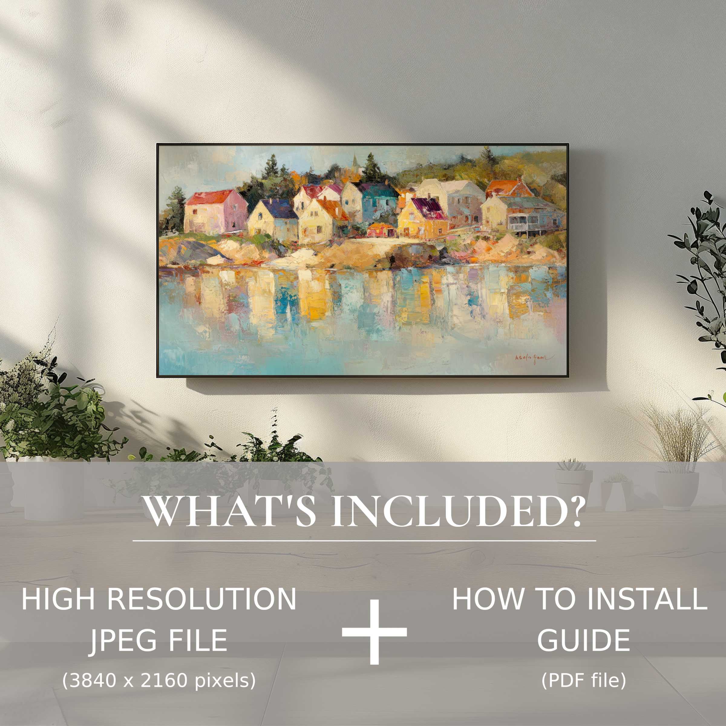 Elegant coastal digital TV art download enhances living spaces with easy, high-res digital use and serene seaside charm