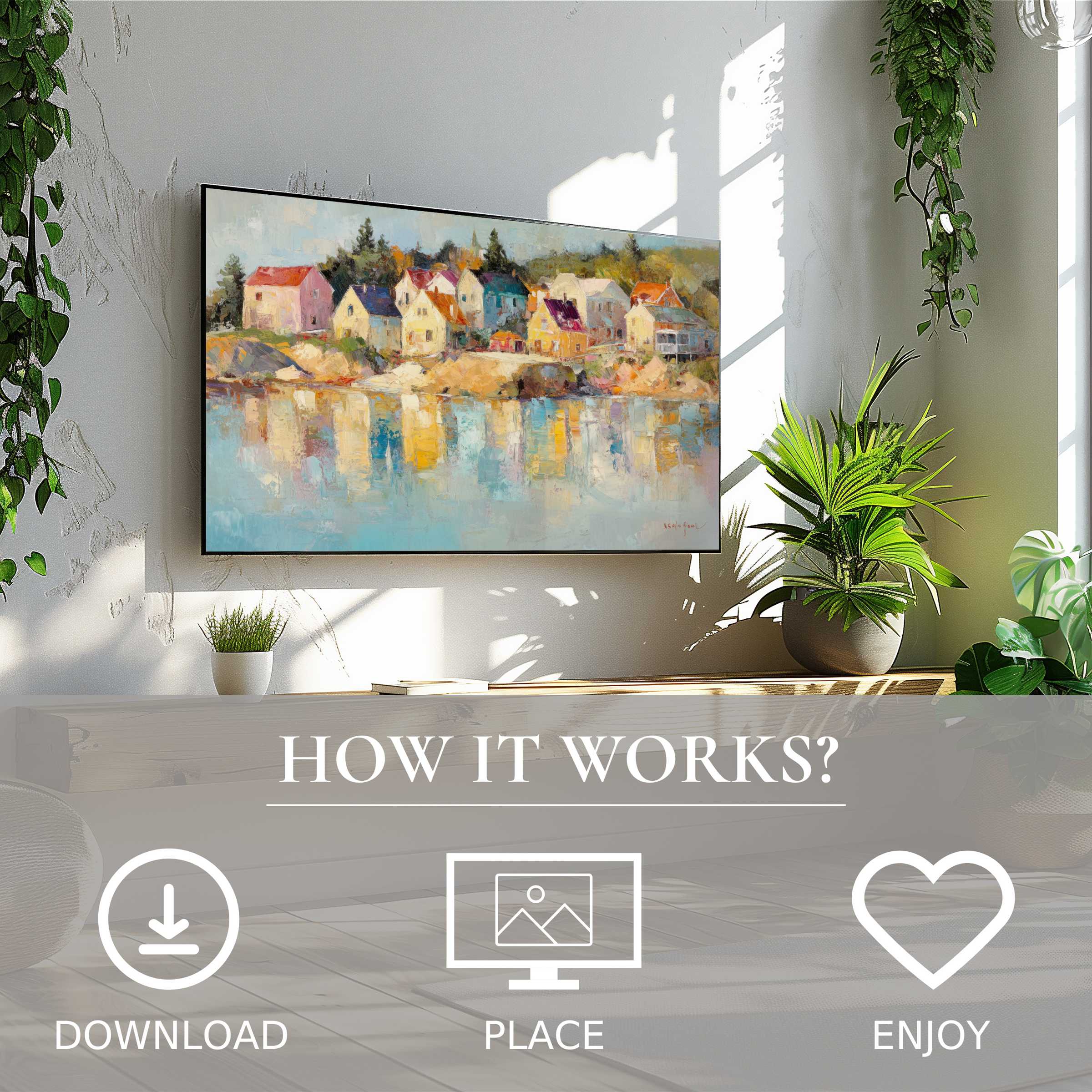 Coastal art for Samsung TV with soft coastal tones enriches spaces; easy digital download enhances modern decor