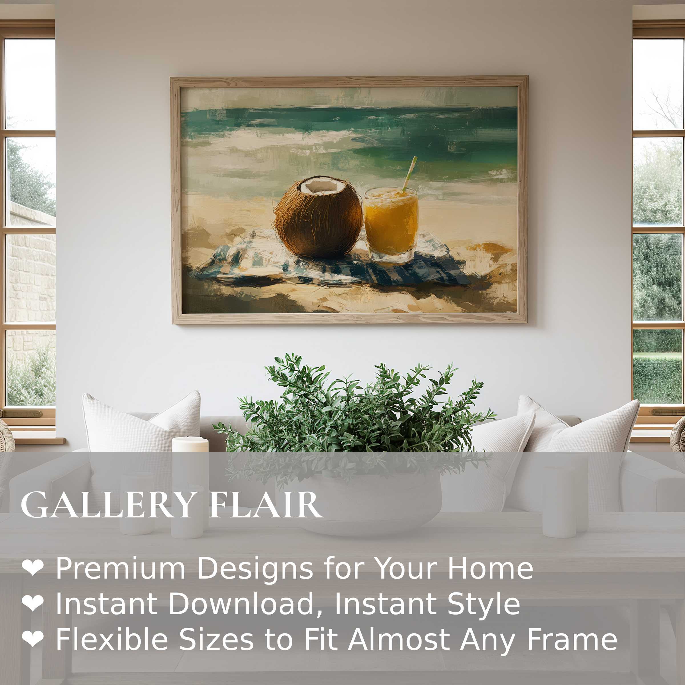 Serene beach wall art print featuring a vibrant tropical still life; enhances modern, coastal interiors with calming, radiant charm