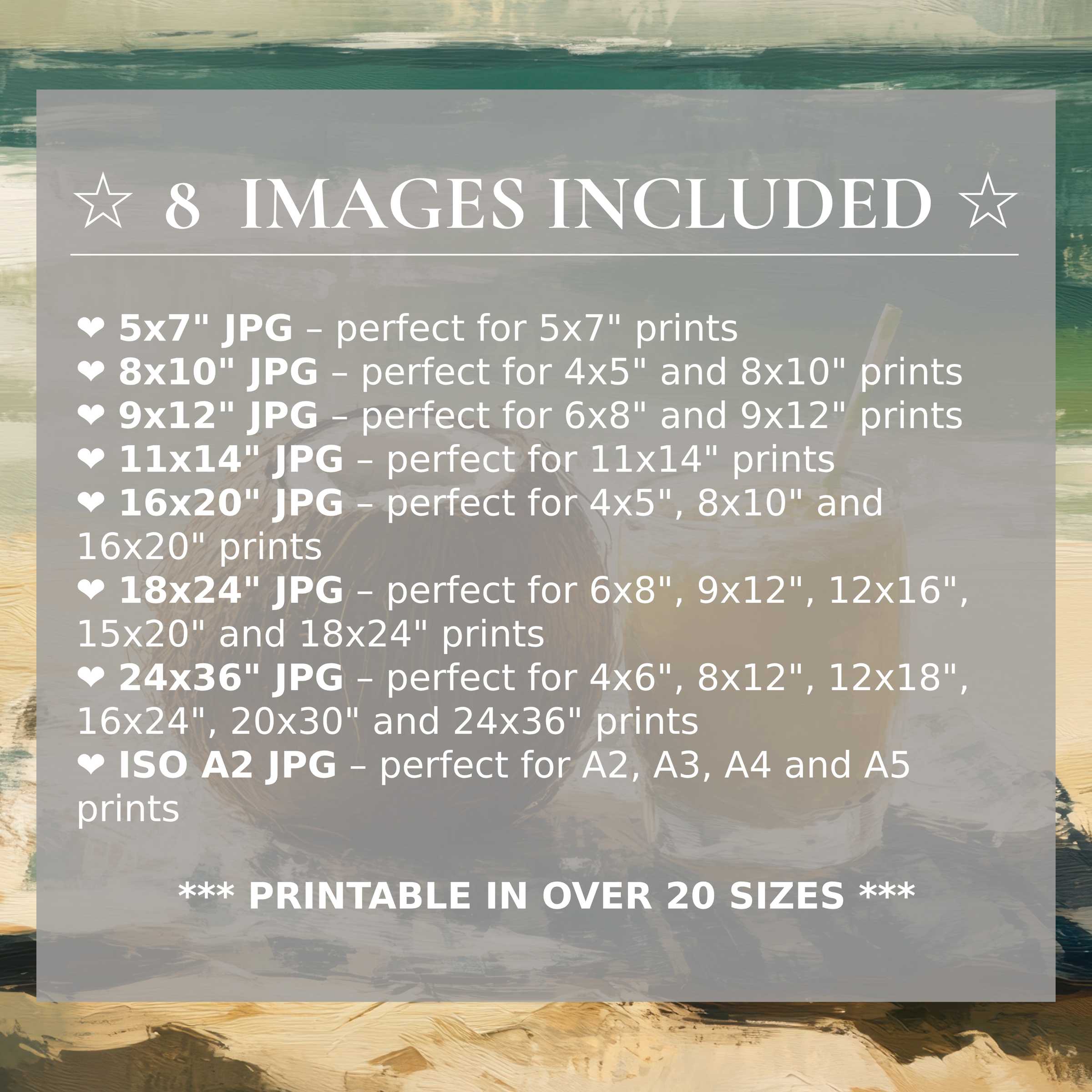 Radiant beach digital print in serene teal and sandy hues, enhancing modern interiors with style; includes 8 high-quality sizes