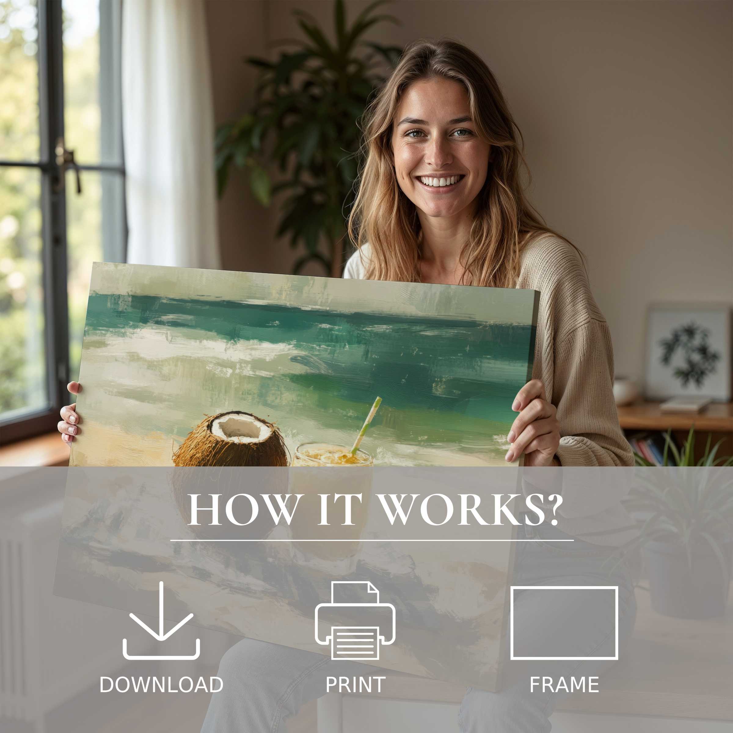 Brightening a modern living space, this beach digital art print evokes serene joy and effortless elegance in home decor