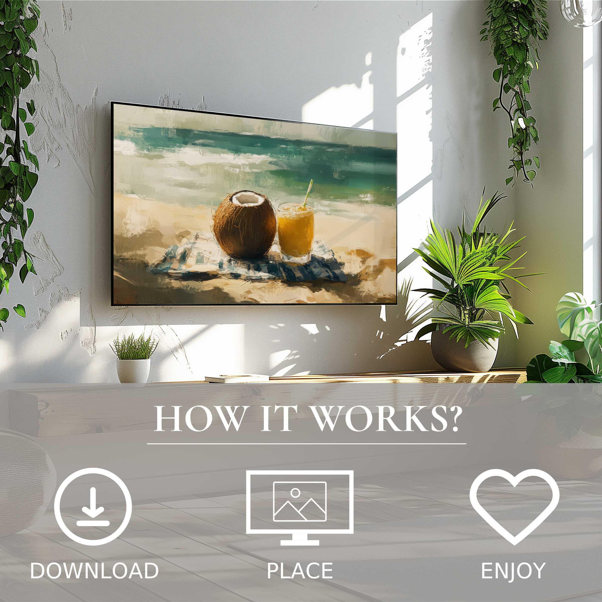 Modern living room with lush plants showcasing beach art for Samsung TV; soft ocean tones, easy digital download