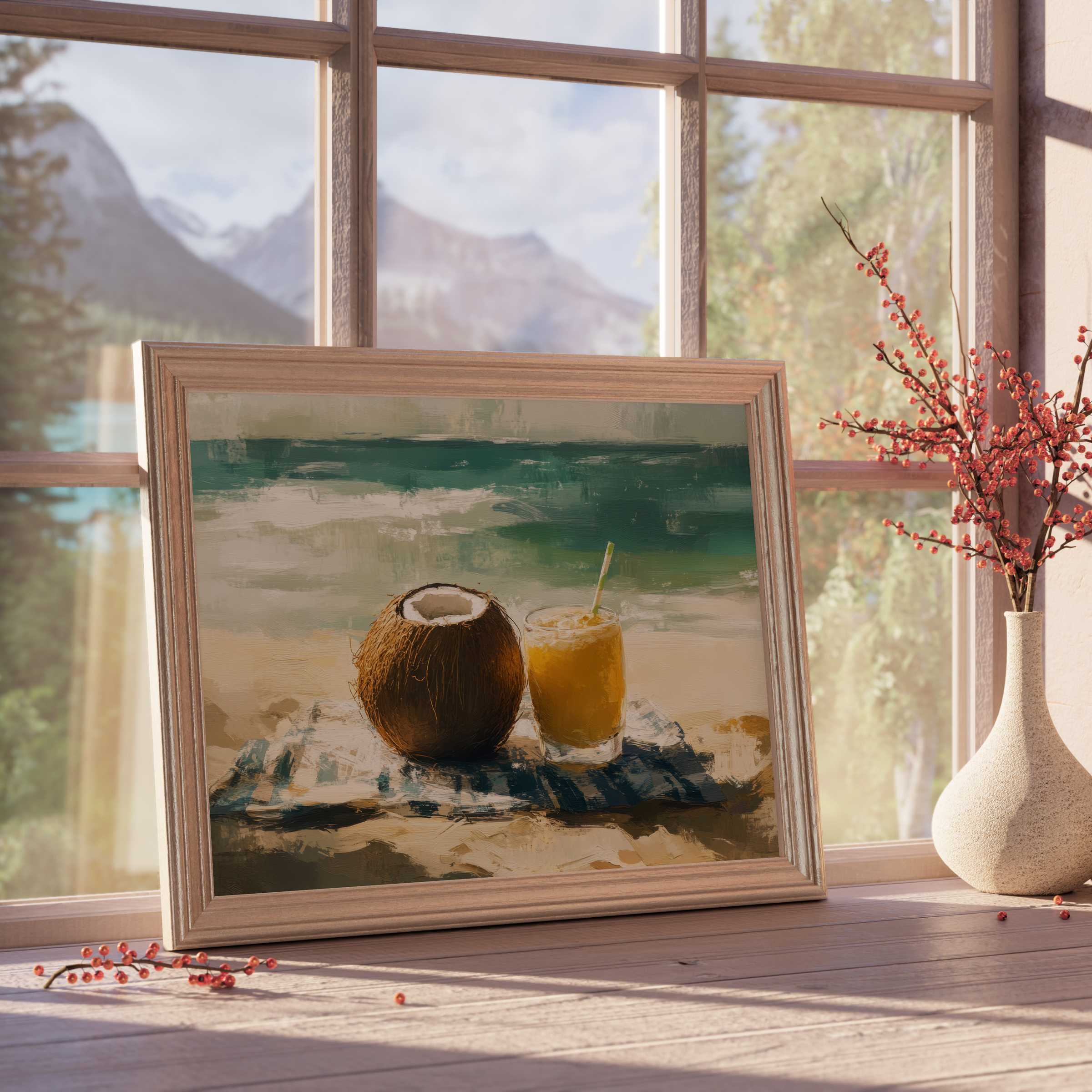 Beach downloadable art featuring a serene coastal scene with coconut and tropical drink, perfect for chic, tranquil interiors