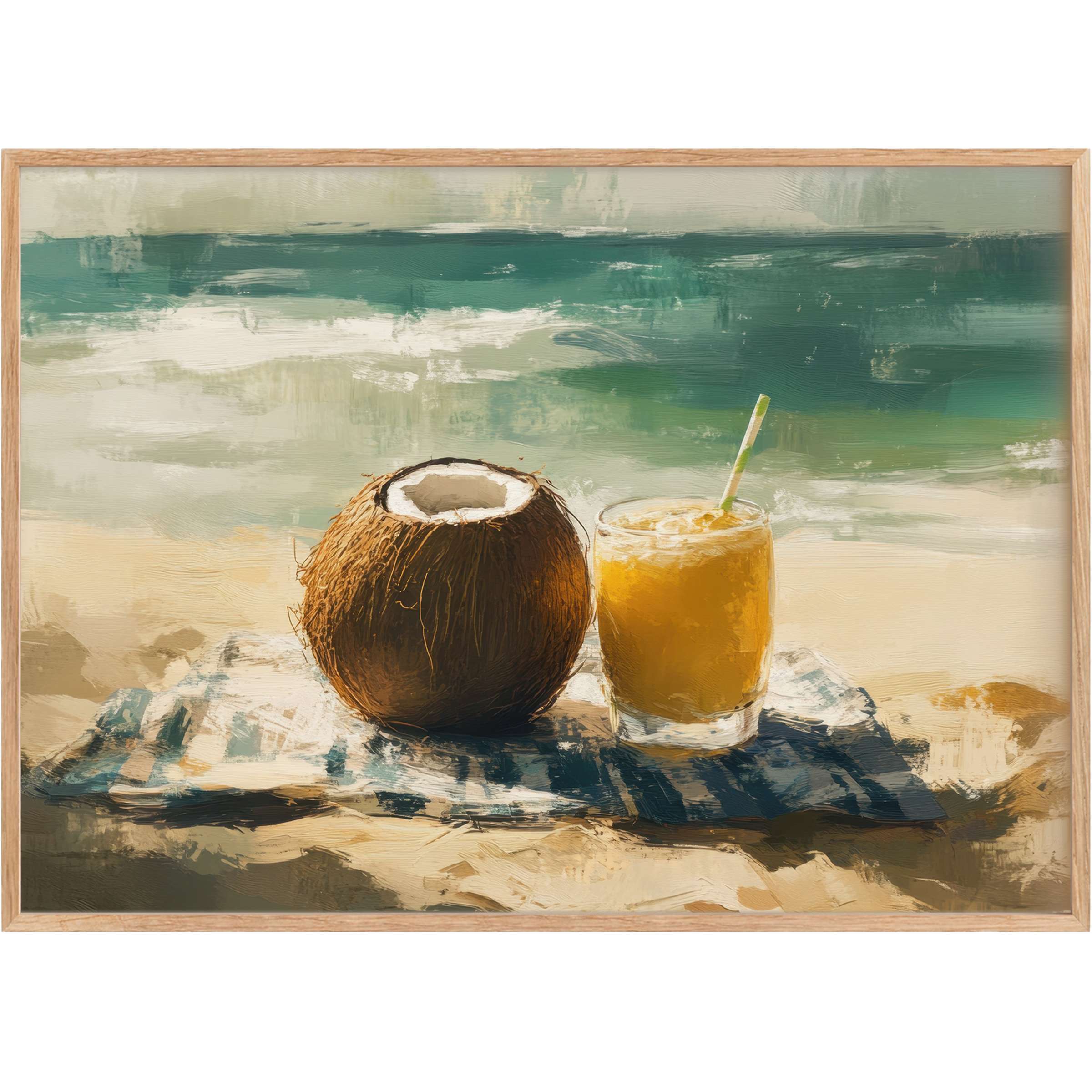 Beach printable wall art captures a serene coastal escape with warm amber and ocean teal hues, evoking calming tropical bliss