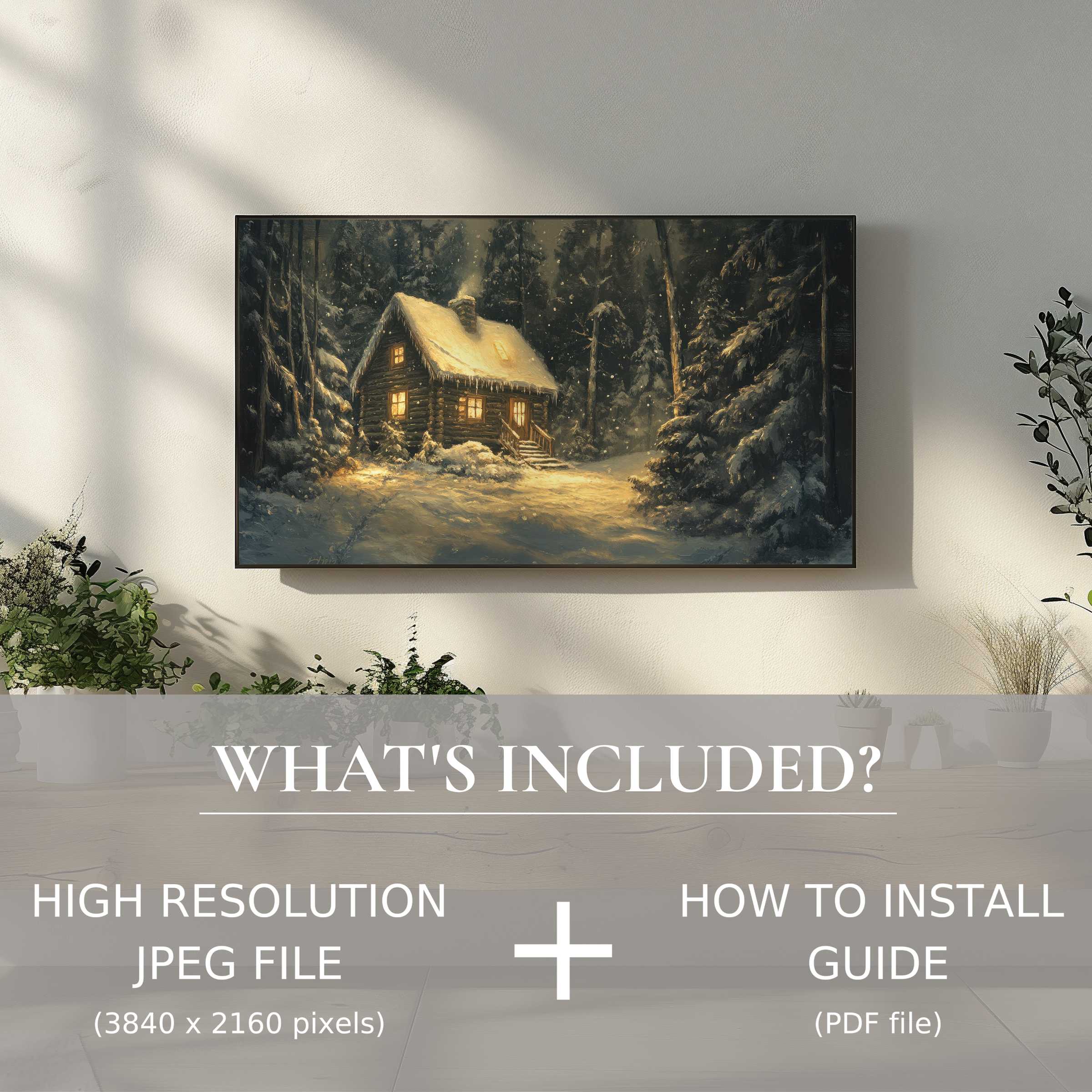 Elegant Christmas digital TV art download brightens living space with easy digital use, showcasing a cozy snowy cabin scene