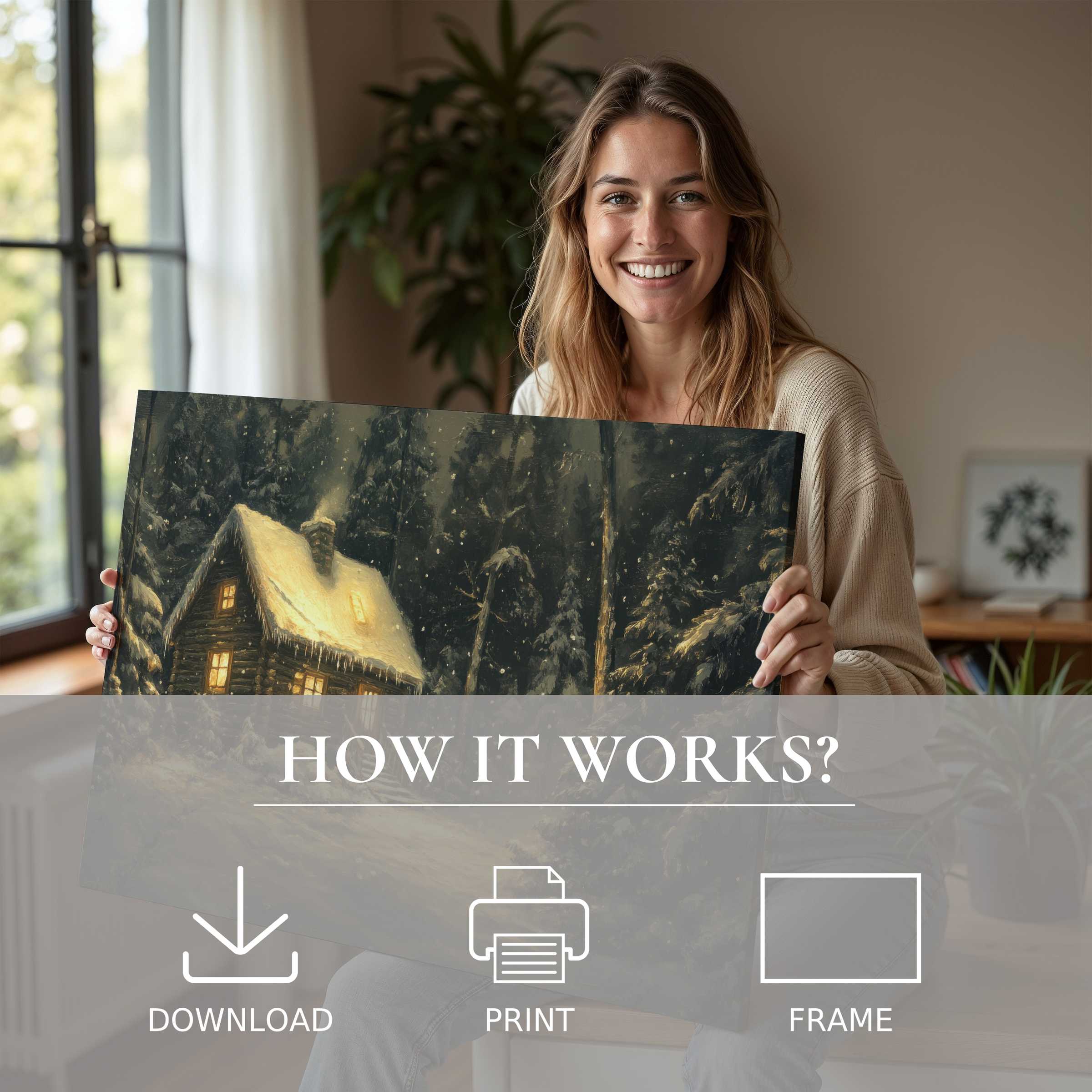 A joyful moment in a serene modern home, embracing the warmth of a Christmas digital art print’s cozy light