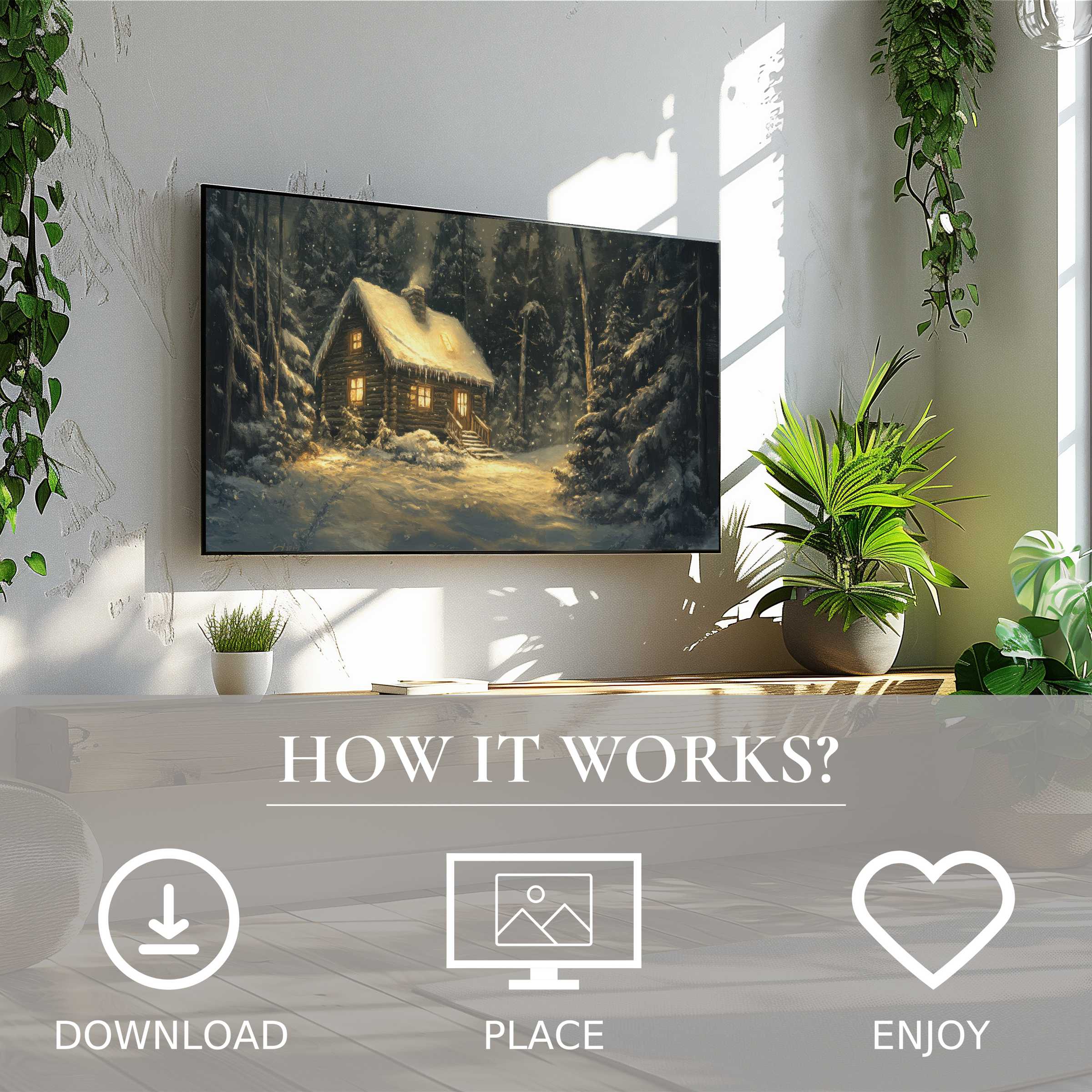 Cozy cabin snow scene on Frame TV, simple digital download, christmas art for Samsung TV enhances modern spaces
